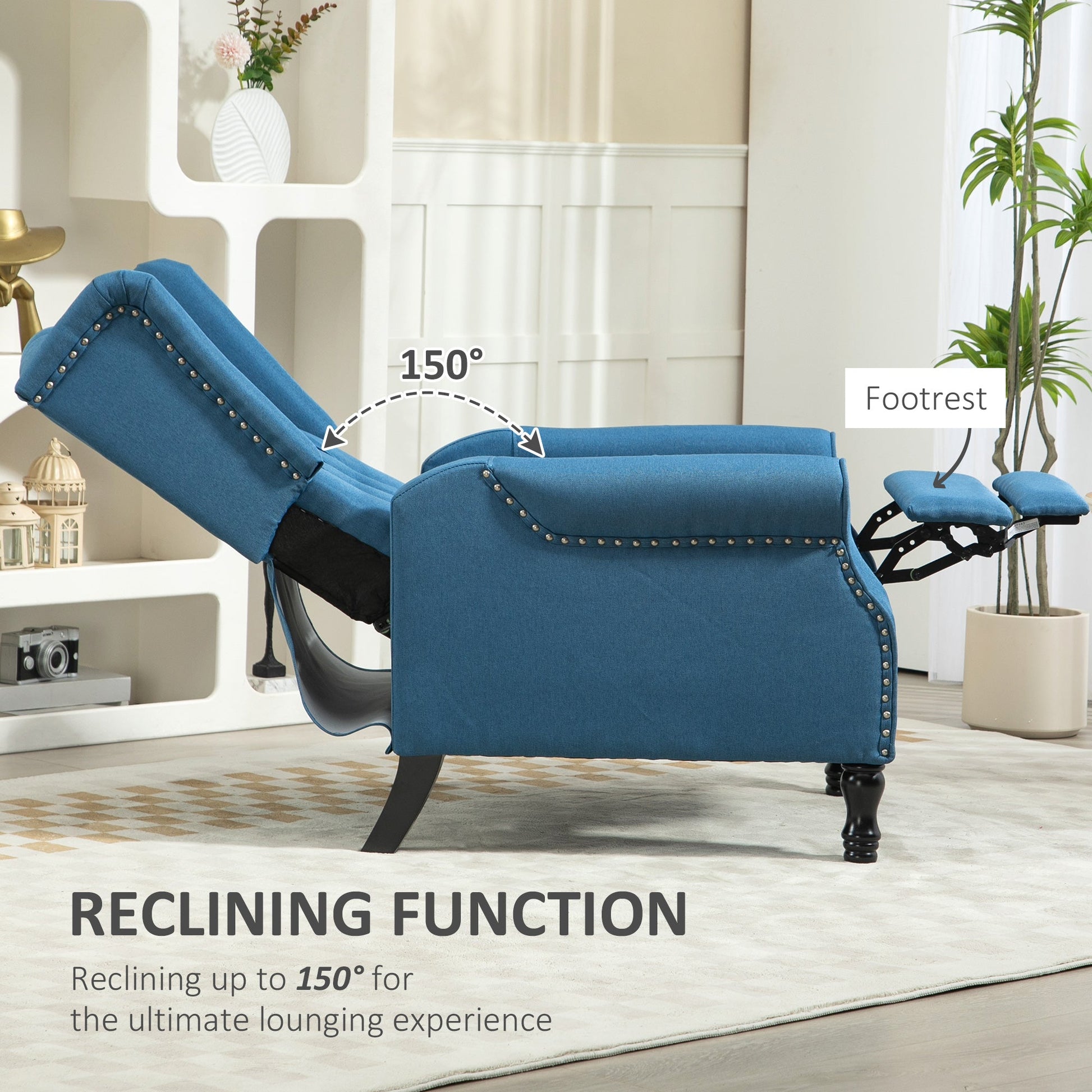 HOMCOM Recliner Armchair, Vintage Reclining Chair with Nail Head Trim, Wingback Chair with Button Tufted Back and Footrest, for Living Room, Blue