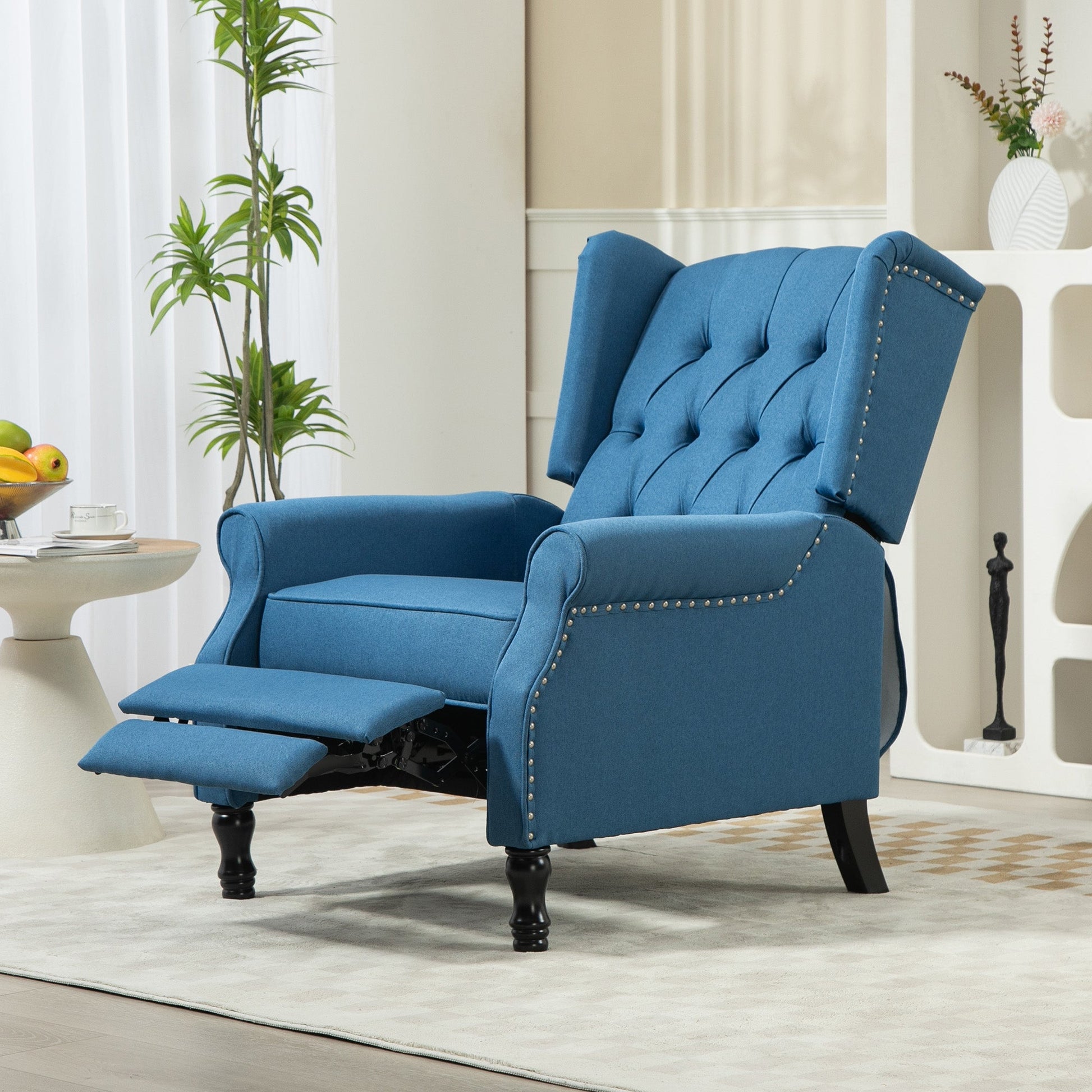 HOMCOM Recliner Armchair, Vintage Reclining Chair with Nail Head Trim, Wingback Chair with Button Tufted Back and Footrest, for Living Room, Blue