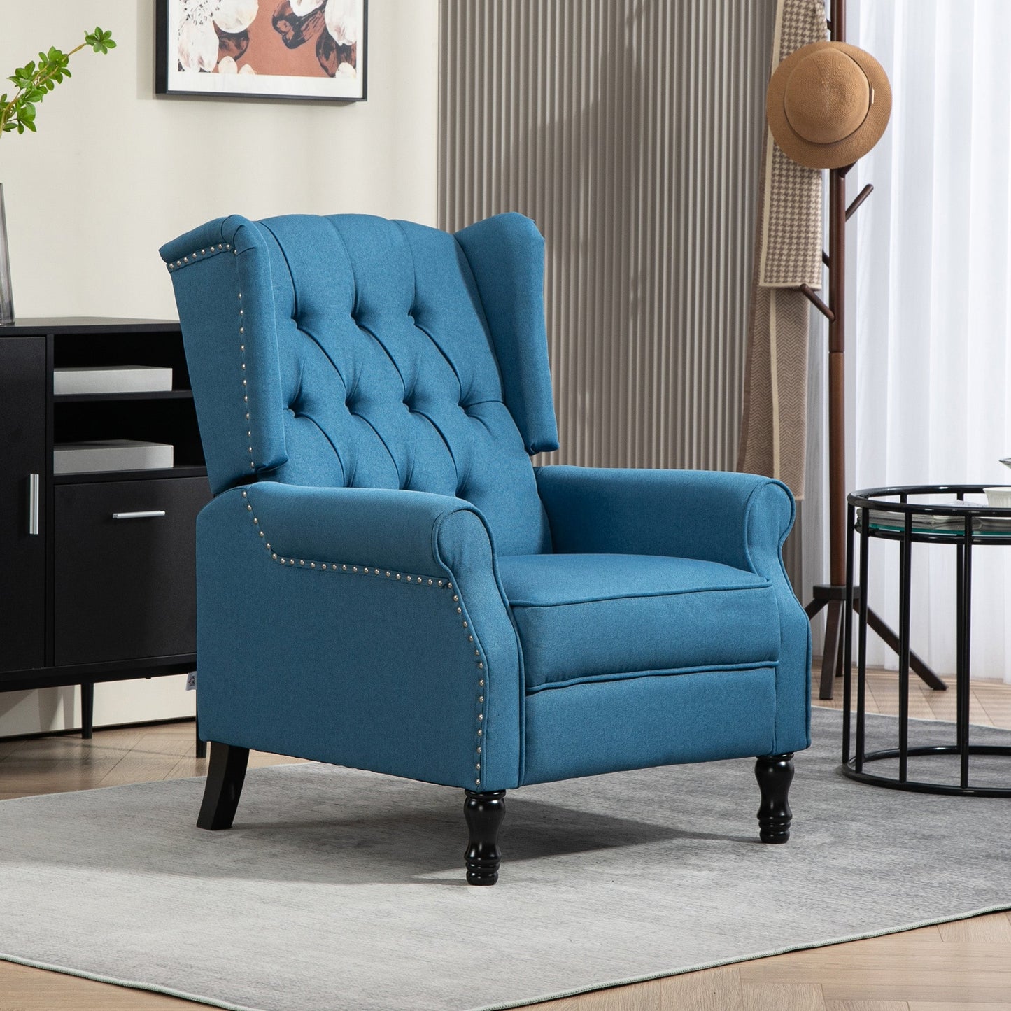 HOMCOM Recliner Armchair, Vintage Reclining Chair with Nail Head Trim, Wingback Chair with Button Tufted Back and Footrest, for Living Room, Blue