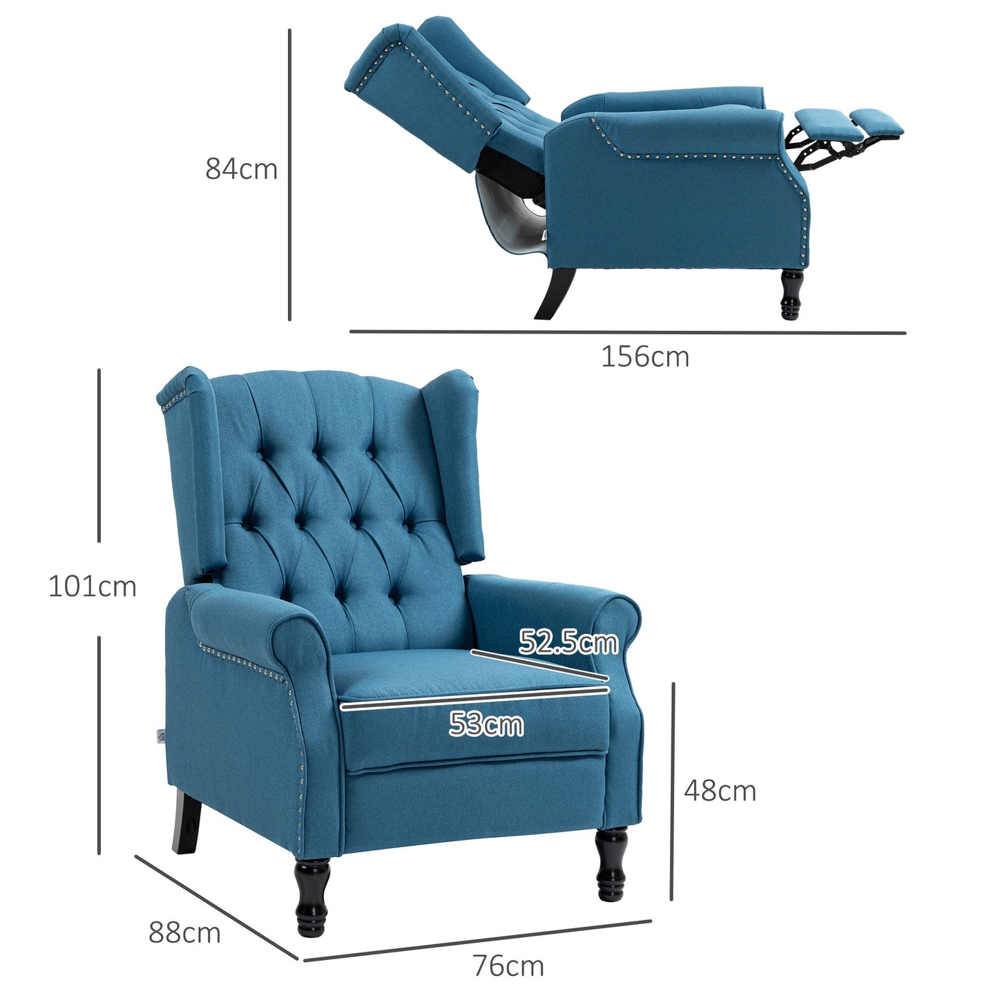HOMCOM Recliner Armchair, Vintage Reclining Chair with Nail Head Trim, Wingback Chair with Button Tufted Back and Footrest, for Living Room, Blue