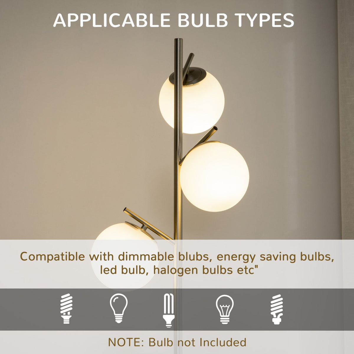 HOMCOM 3-Light Tree Floor Lamps for Living Room, Modern Standing Lamp for Bedroom with Globe Lampshade, Steel Base, Bulb not Included, Silver