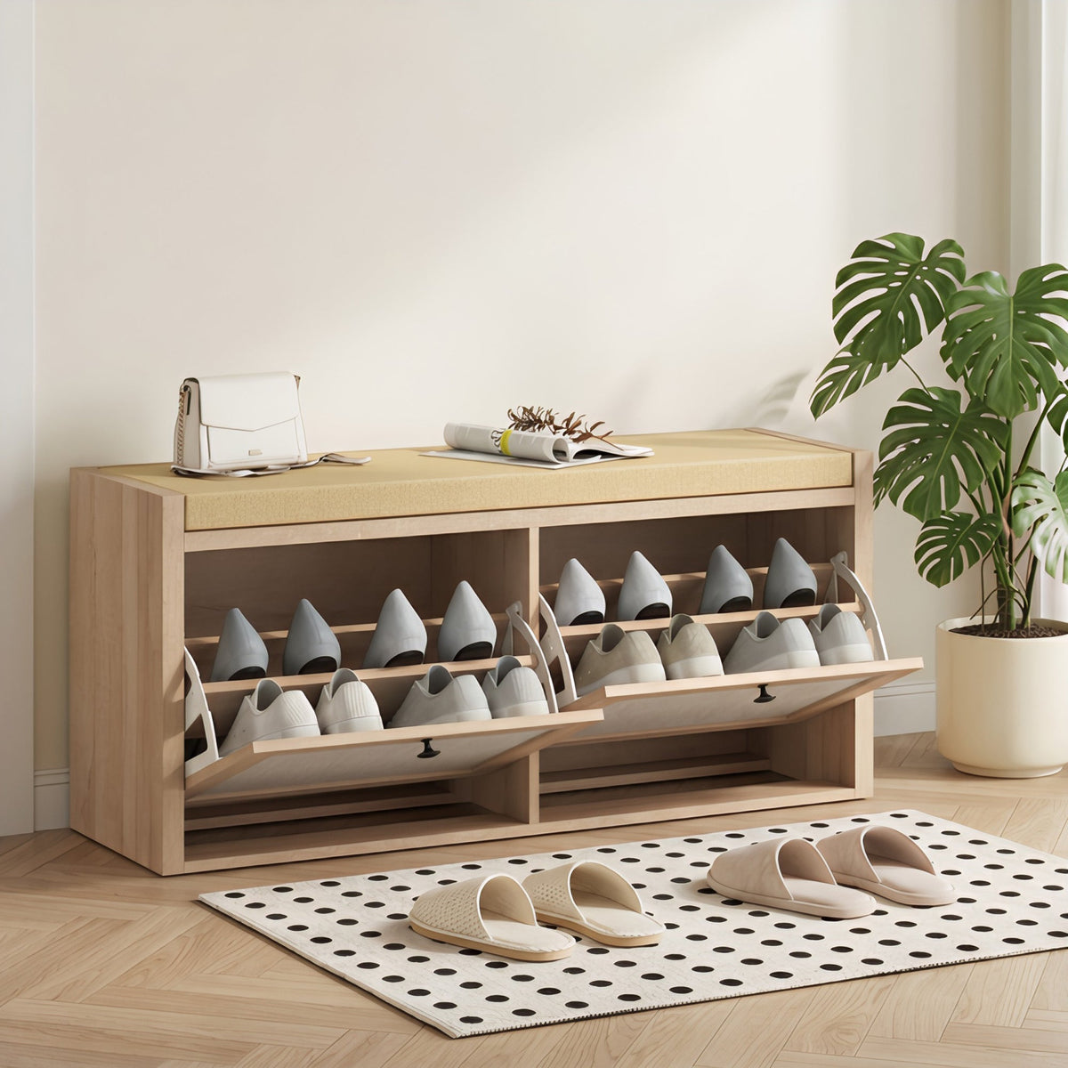 Shoe Bench with 2 Rattan Doors, Shoe Storage Bench with Padded Cushion Seat for Hallway, Living Room, Bedroom, Oak Wood Effect