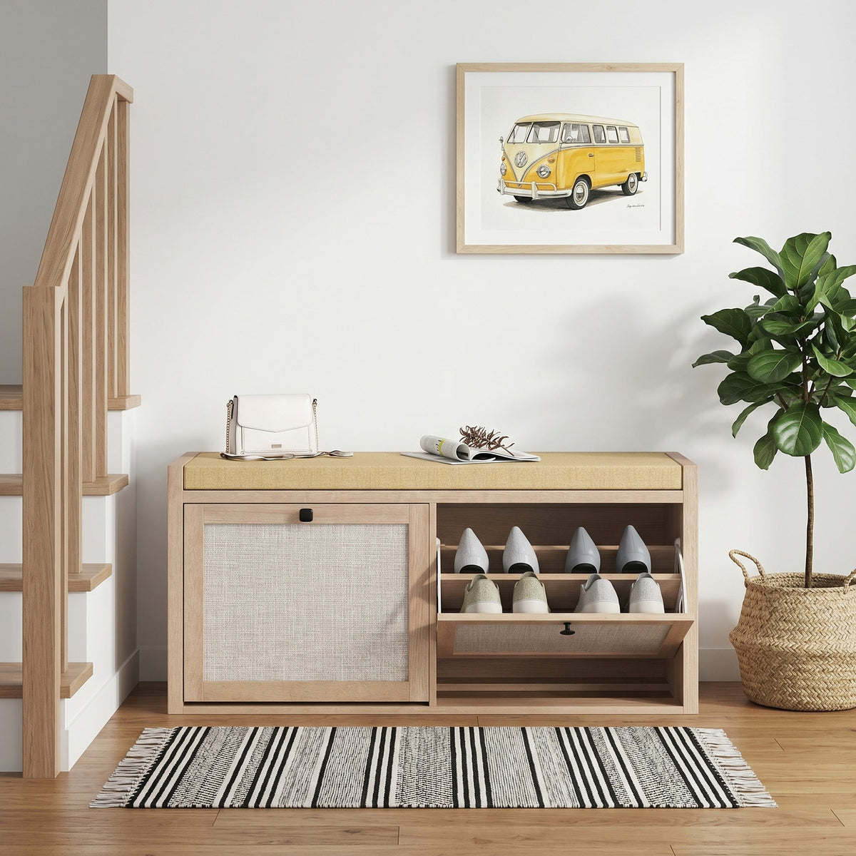 Shoe Bench with 2 Rattan Doors, Shoe Storage Bench with Padded Cushion Seat for Hallway, Living Room, Bedroom, Oak Wood Effect