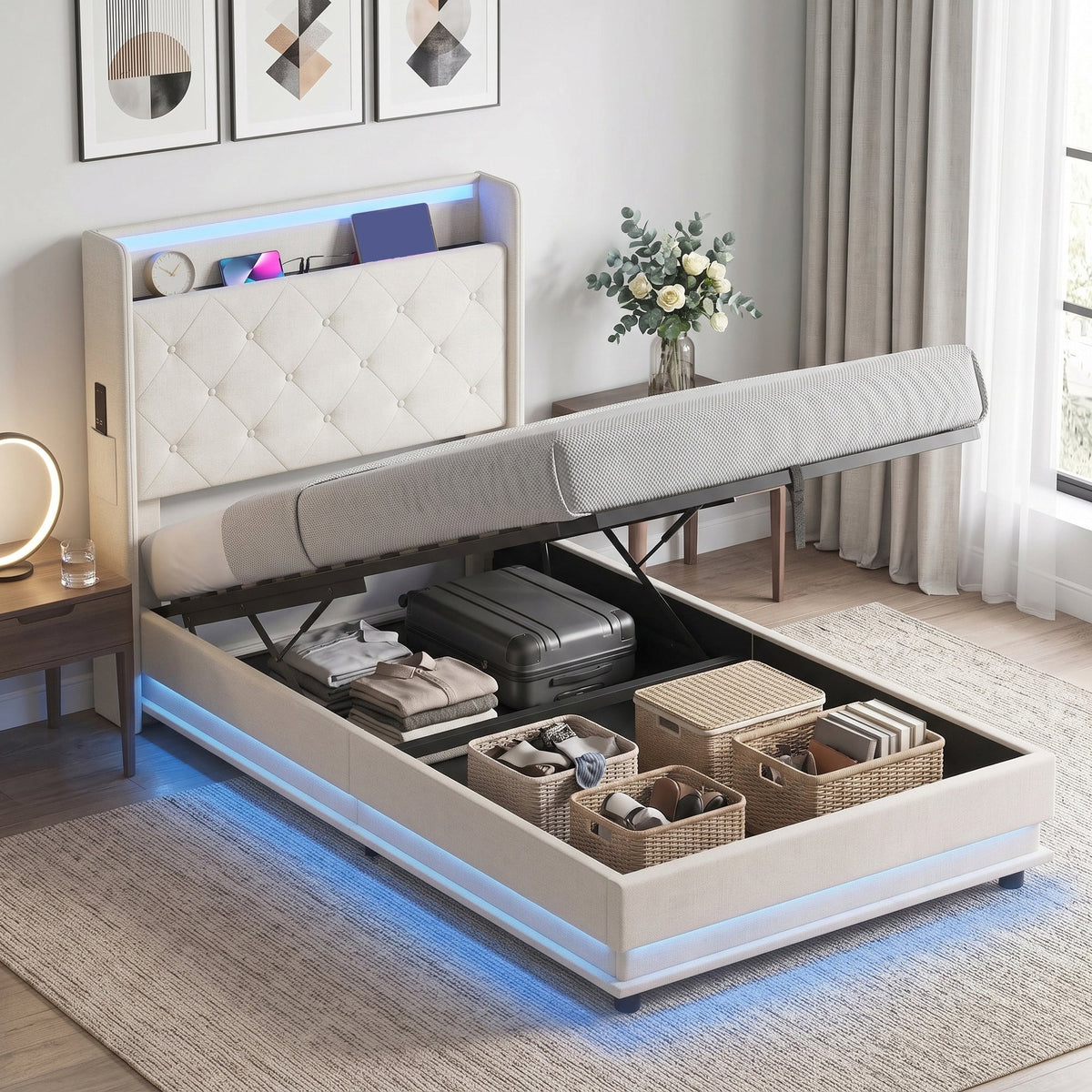 3ft Single Ottoman Bed Frame with Hydraulic Storage, APP Control LED Lights and Charging Station, Upholstered Lift Up Storage Bed Frame with Headboard, No Box Spring Needed, Cream White
