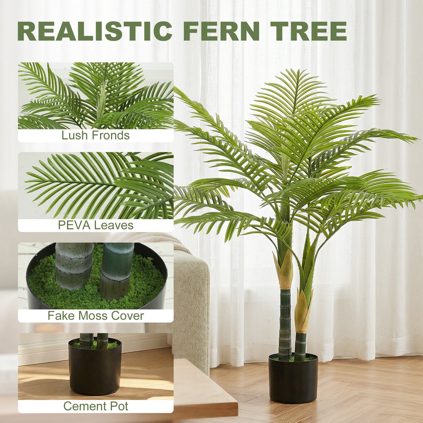 120cm Artificial Palm Tree with 14 PEVA Leaves, Decorative Artificial Plant with Pot and Moss Effect, Fake Plant for Home Office Decor, Green