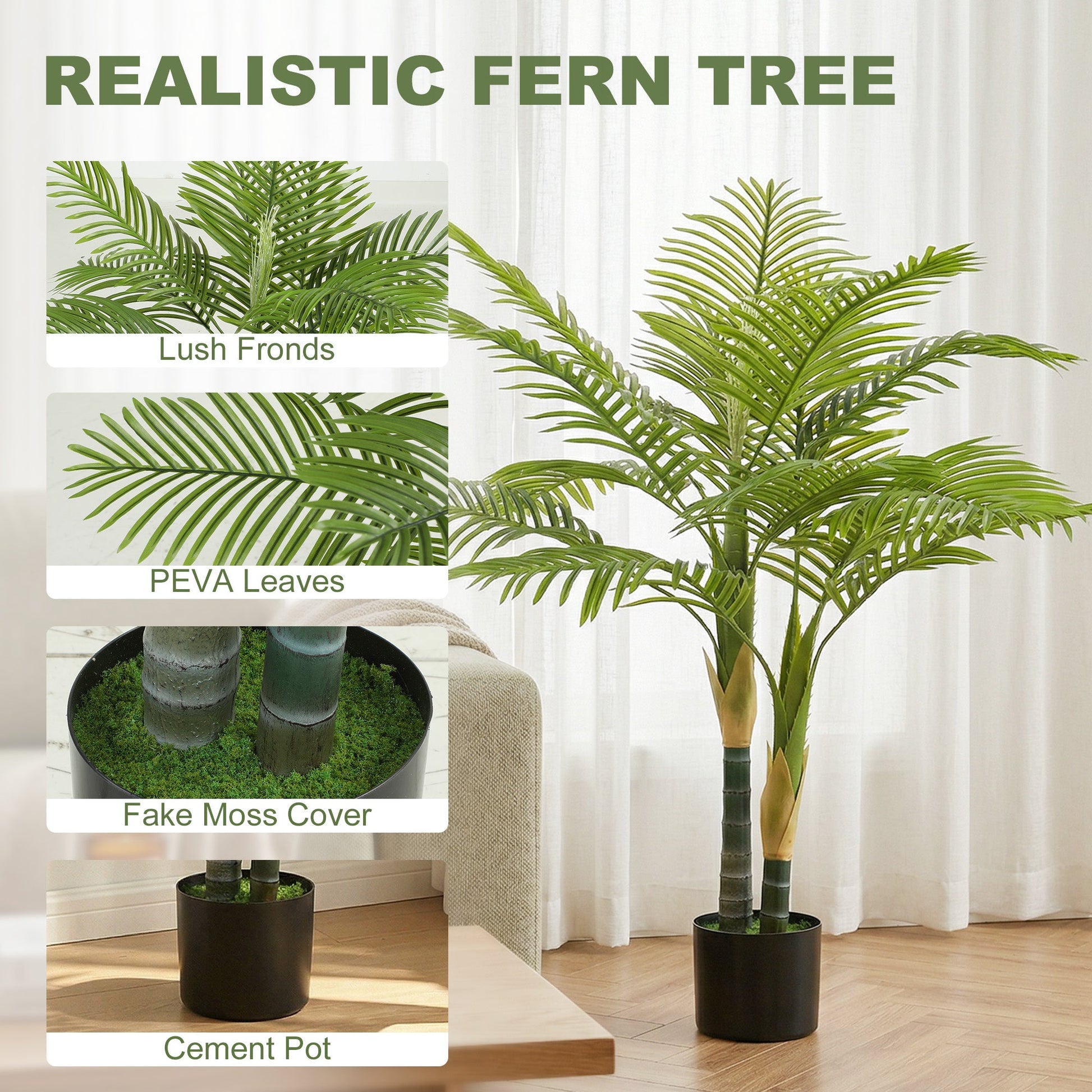 120cm Artificial Palm Tree with 14 PEVA Leaves, Decorative Artificial Plant with Pot and Moss Effect, Fake Plant for Home Office Decor, Green