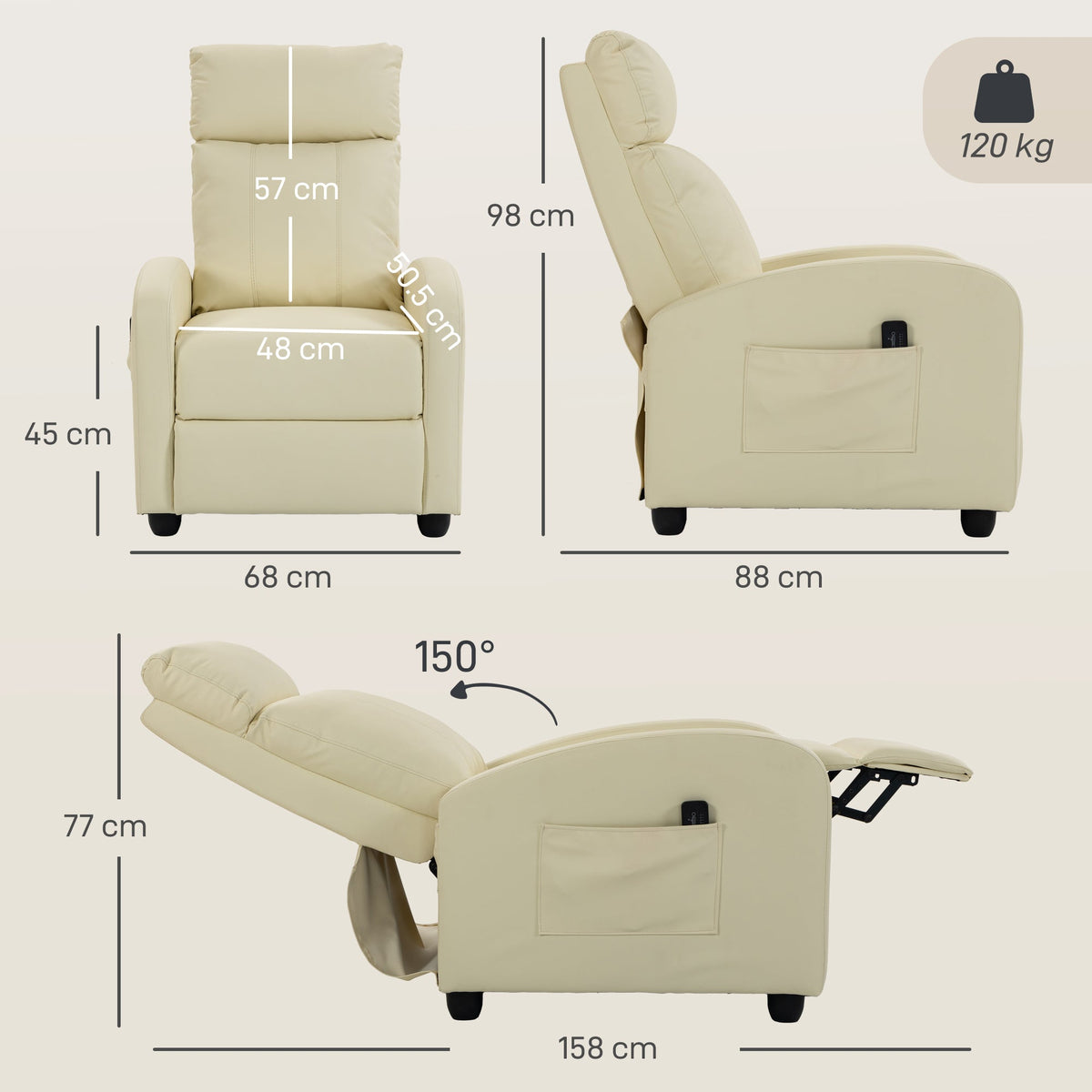 Recliner Armchair, Massage Faux Leather Push Back Reclining Chair with Adjustable Leg Rest, Side Pocket, for Home Living Room Theatre, Cream White
