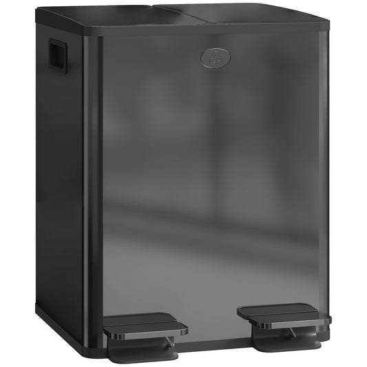 HOMCOM Dual Kitchen Bin, 2 x 20L Pedal Bin, Stainless Steel Double Rubbish Bin with Soft Close Lid, Removable Inner Buckets, Fingerprint-Proof for Recycling and Waste, Black