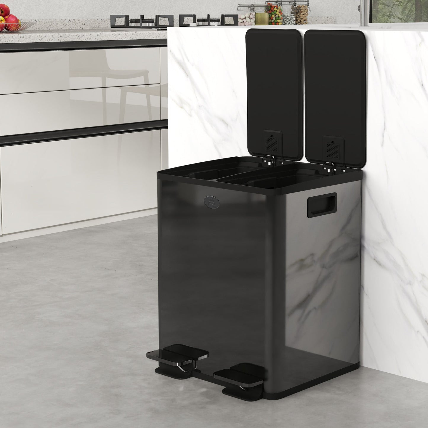 HOMCOM Dual Kitchen Bin, 2 x 20L Pedal Bin, Stainless Steel Double Rubbish Bin with Soft Close Lid, Removable Inner Buckets, Fingerprint-Proof for Recycling and Waste, Black