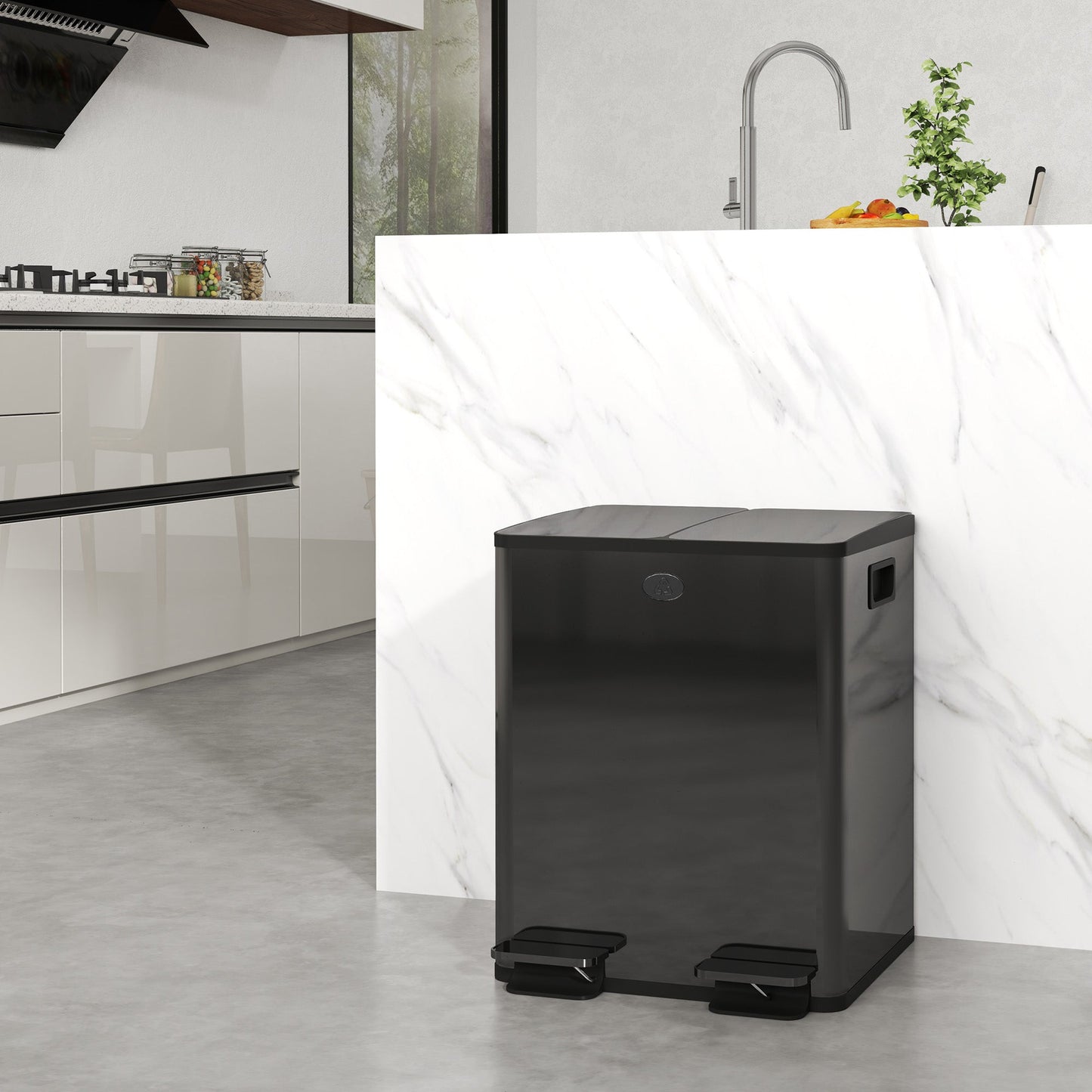HOMCOM Dual Kitchen Bin, 2 x 20L Pedal Bin, Stainless Steel Double Rubbish Bin with Soft Close Lid, Removable Inner Buckets, Fingerprint-Proof for Recycling and Waste, Black