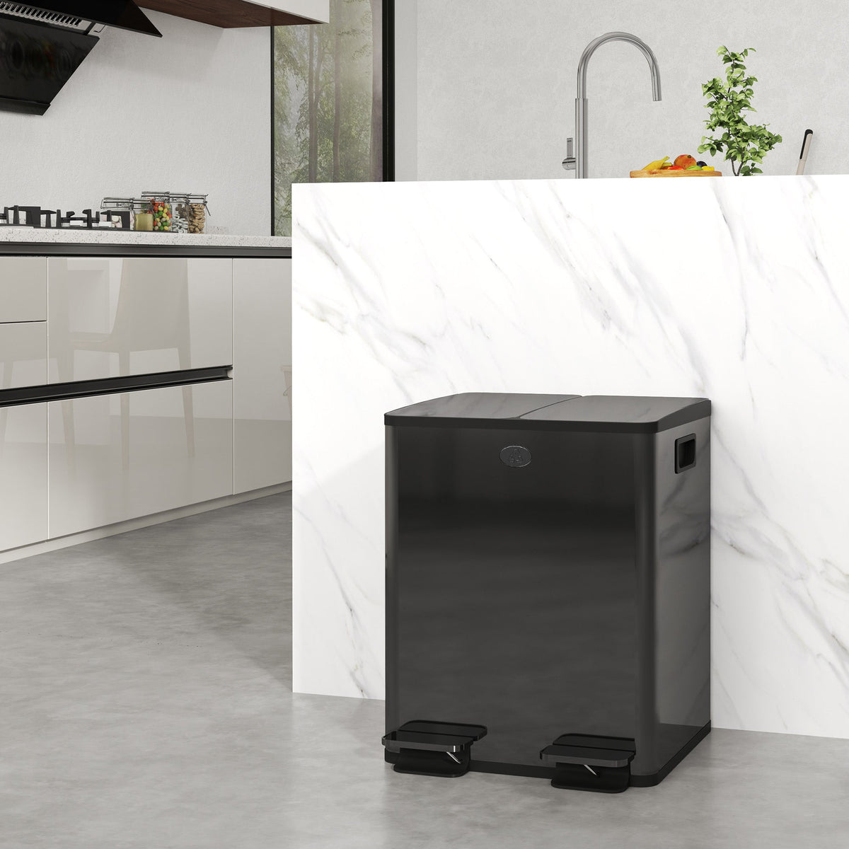 HOMCOM Dual Kitchen Bin, 2 x 20L Pedal Bin, Stainless Steel Double Rubbish Bin with Soft Close Lid, Removable Inner Buckets, Fingerprint-Proof for Recycling and Waste, Black