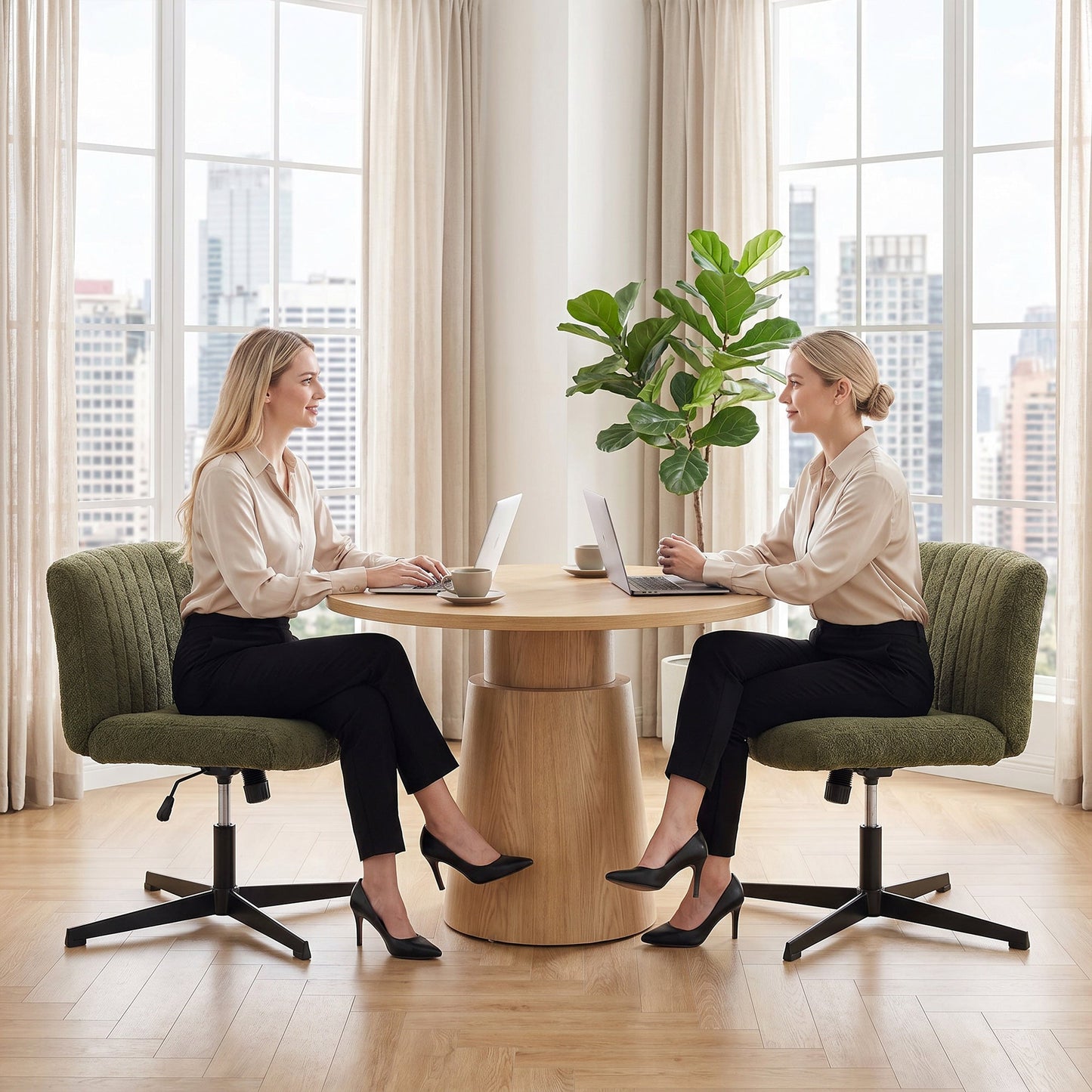 Armless Office Chair No Wheels, Teddy Fleece Criss Cross Legged Desk Chair with Wide Seat, Thick Padding, Rock Function, Height Adjustable Swivel Computer Seat for Home, Green
