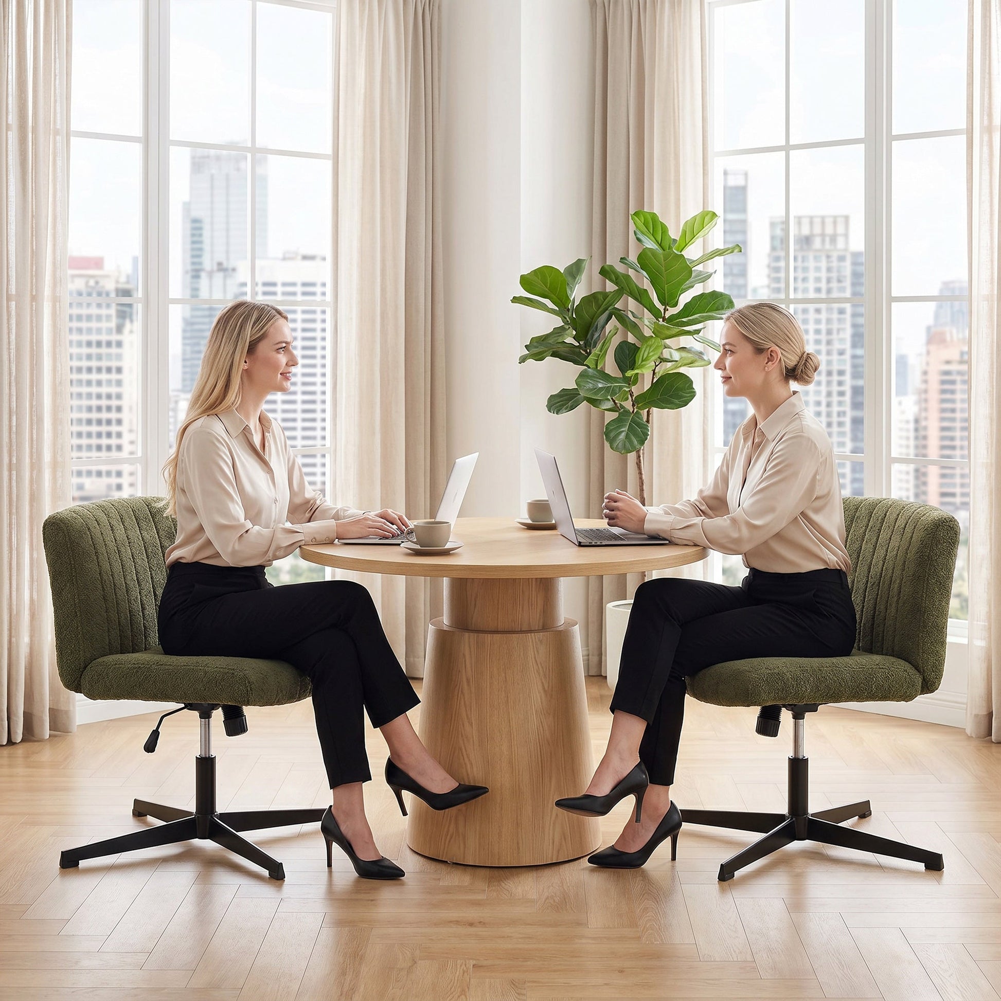 Armless Office Chair No Wheels, Teddy Fleece Criss Cross Legged Desk Chair with Wide Seat, Thick Padding, Rock Function, Height Adjustable Swivel Computer Seat for Home, Green
