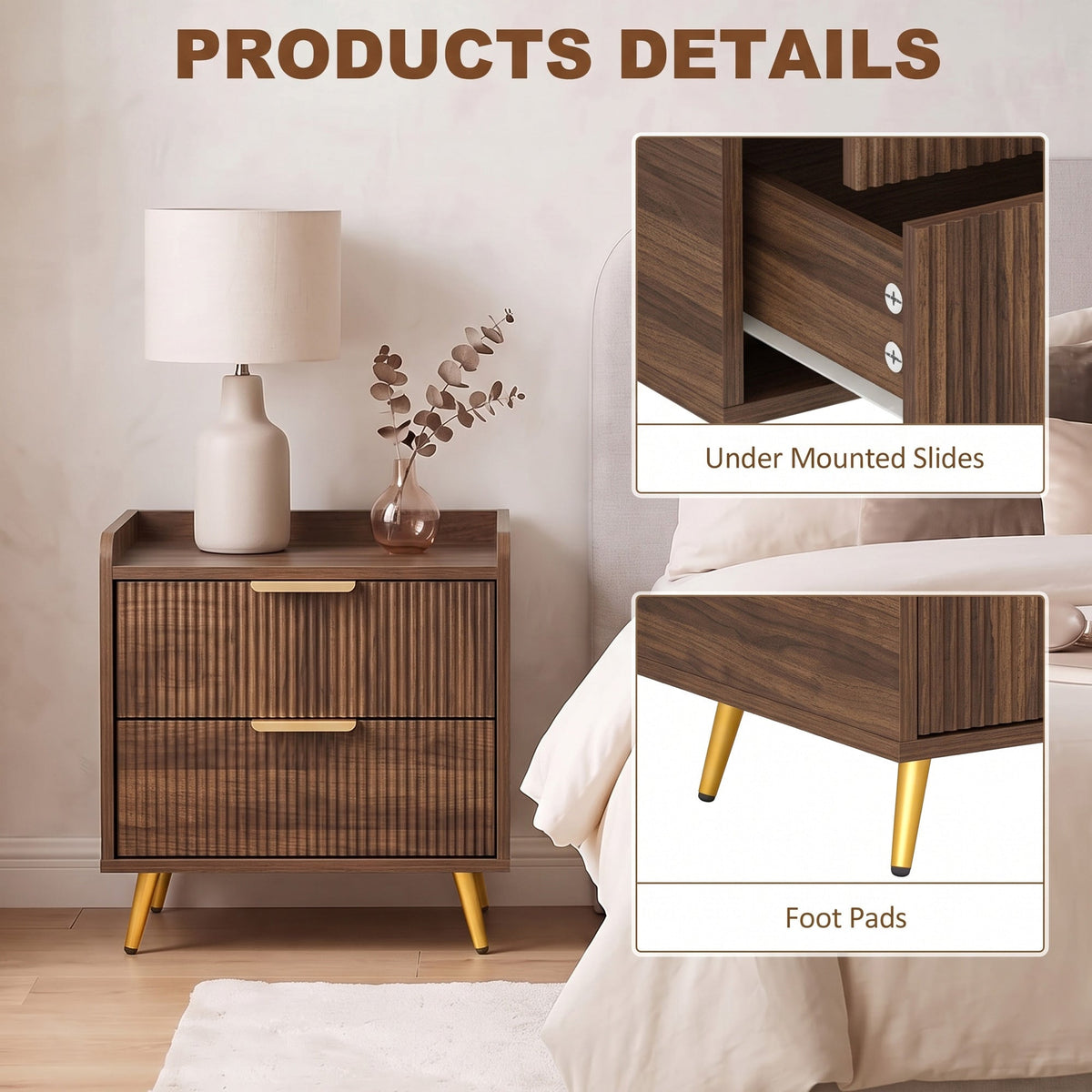 Bedside Table, Bedside Cabinet with 2 Drawers, Side End Table with Metal Legs for Bedroom Living Room, Walnut Brown