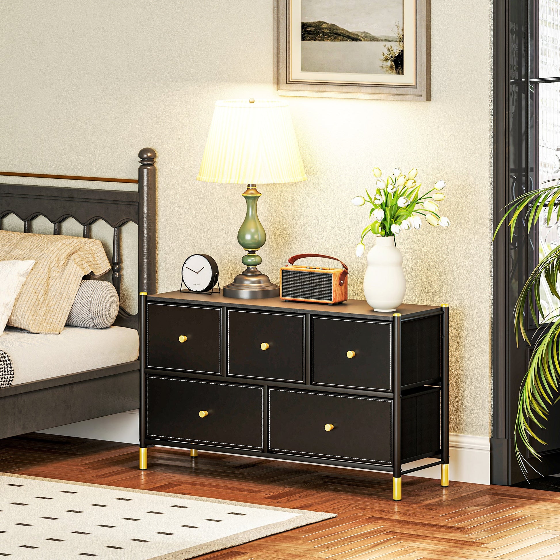 HOMCOM Chest of Drawers, 5 Drawer Fabric Dresser with PU Leather Surface, Steel Frame, Storage Organizer Unit for Bedroom, Living Room, Hallway, Closet, Easy to Assemble, Black
