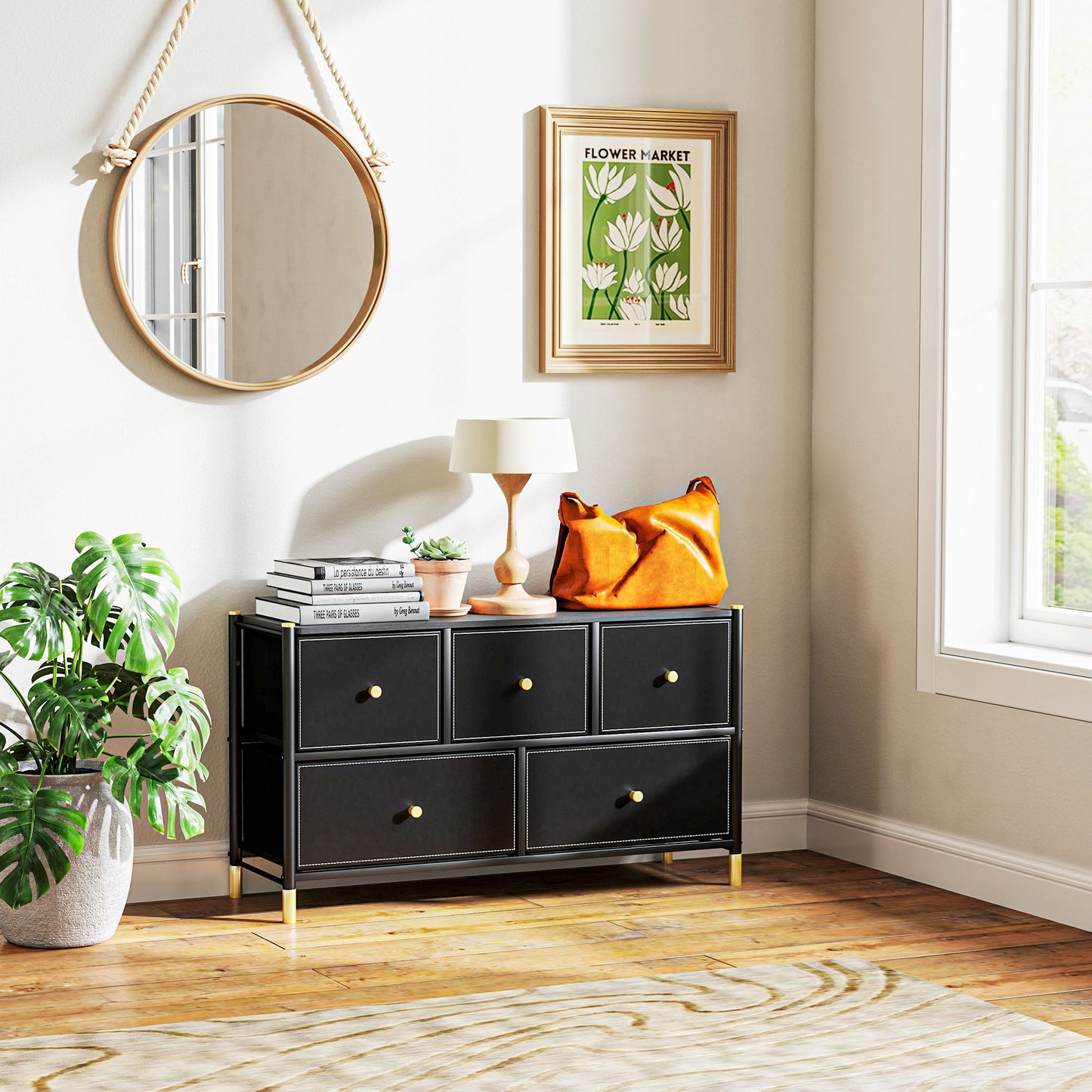 HOMCOM Chest of Drawers, 5 Drawer Fabric Dresser with PU Leather Surface, Steel Frame, Storage Organizer Unit for Bedroom, Living Room, Hallway, Closet, Easy to Assemble, Black