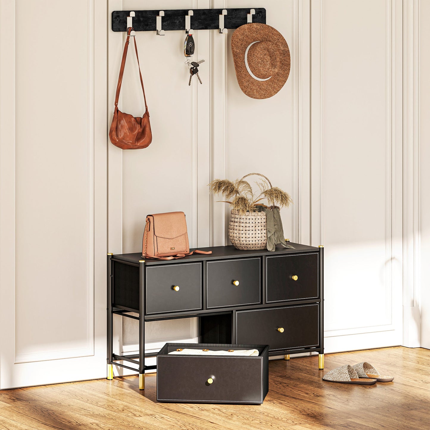 HOMCOM Chest of Drawers, 5 Drawer Fabric Dresser with PU Leather Surface, Steel Frame, Storage Organizer Unit for Bedroom, Living Room, Hallway, Closet, Easy to Assemble, Black