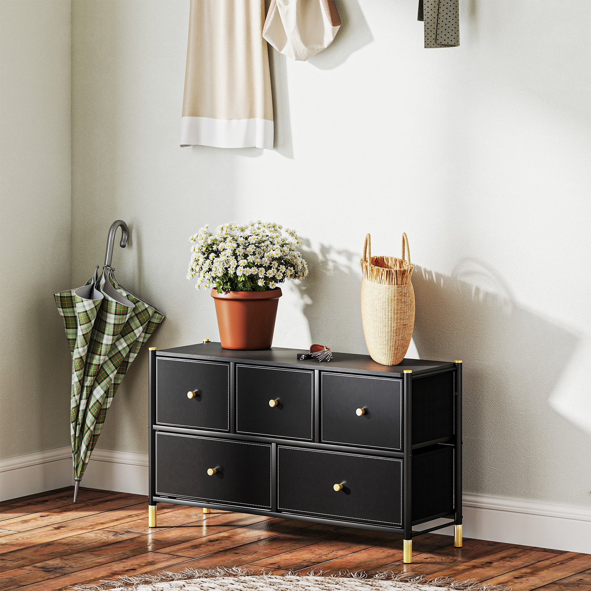 HOMCOM Chest of Drawers, 5 Drawer Fabric Dresser with PU Leather Surface, Steel Frame, Storage Organizer Unit for Bedroom, Living Room, Hallway, Closet, Easy to Assemble, Black