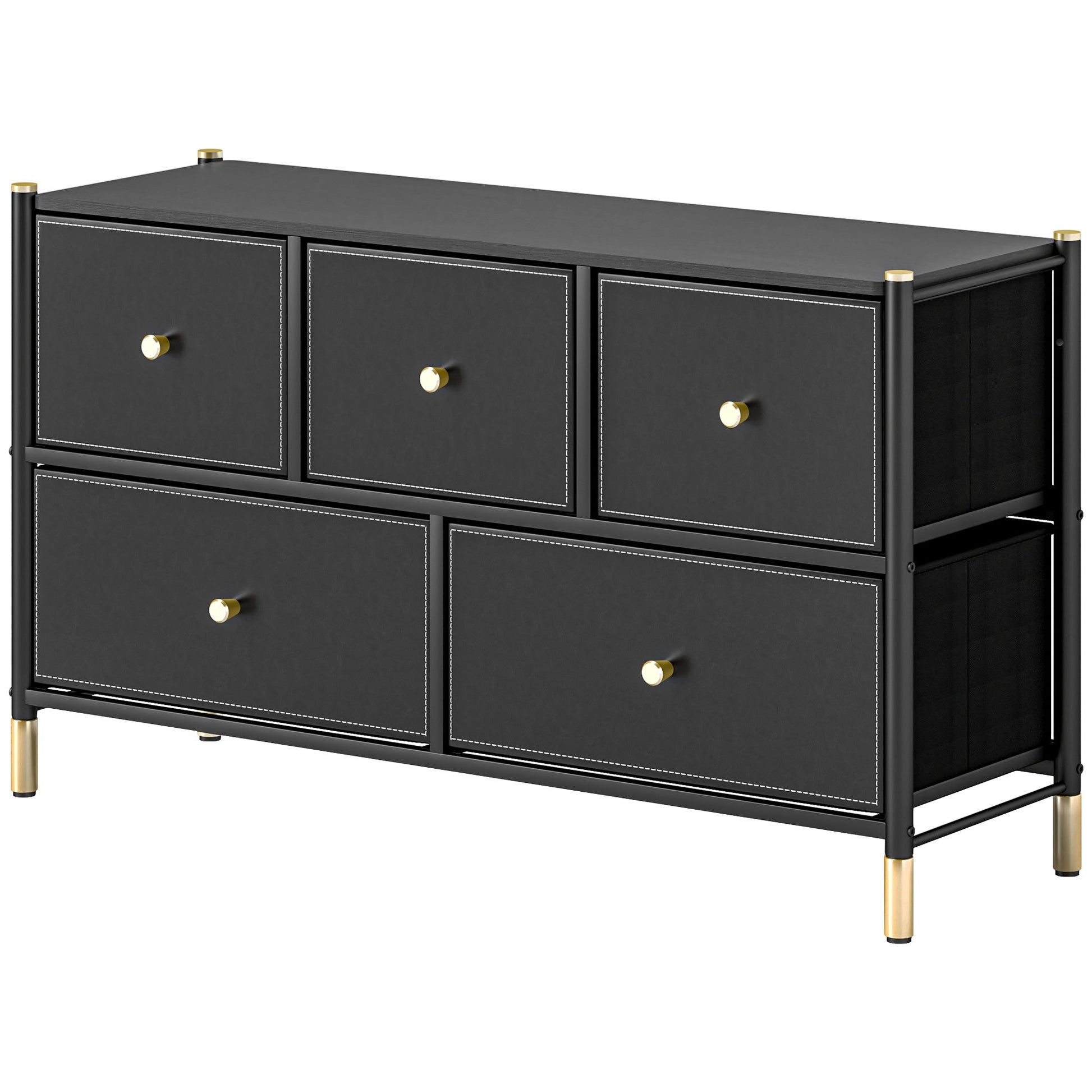 HOMCOM Chest of Drawers, 5 Drawer Fabric Dresser with PU Leather Surface, Steel Frame, Storage Organizer Unit for Bedroom, Living Room, Hallway, Closet, Easy to Assemble, Black