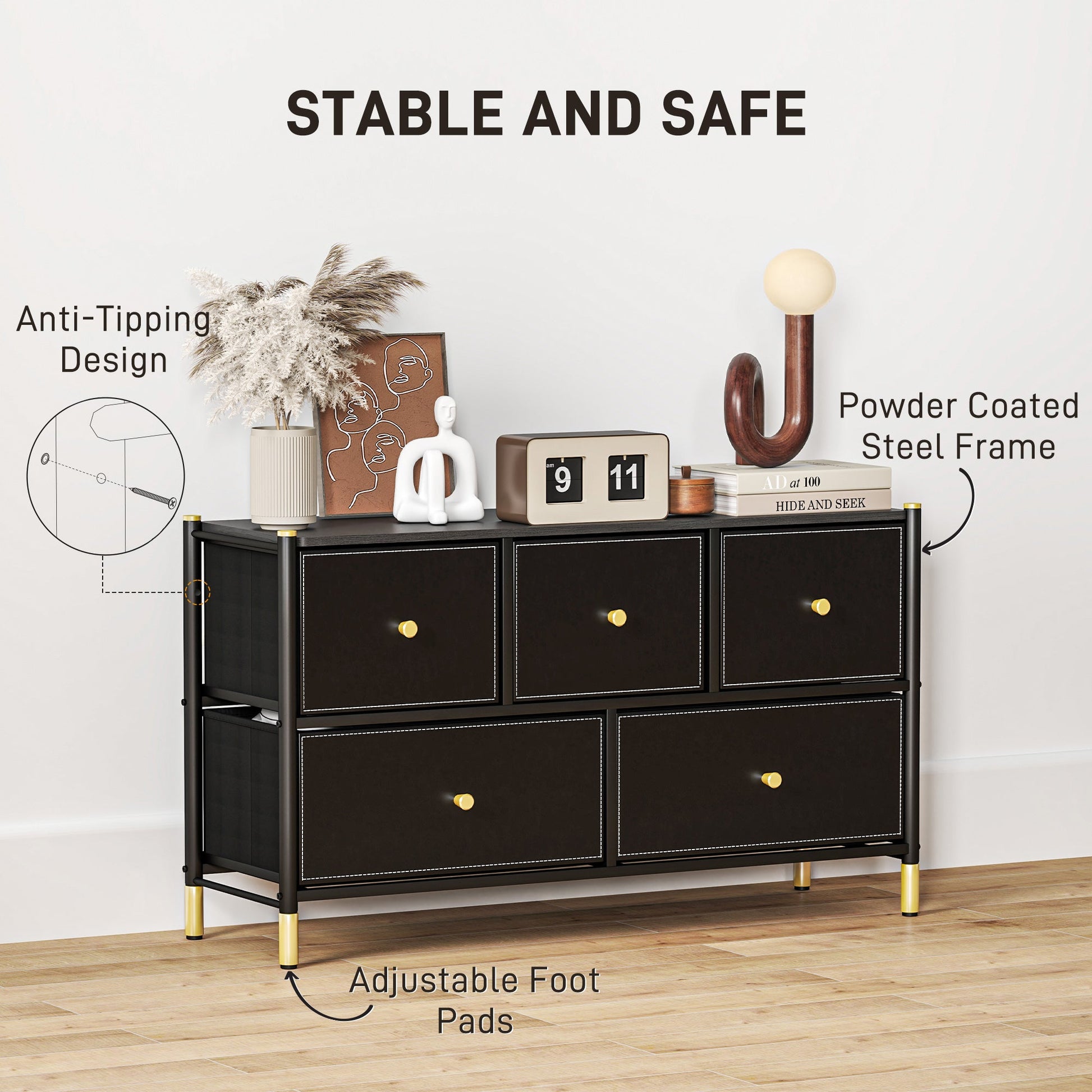 HOMCOM Chest of Drawers, 5 Drawer Fabric Dresser with PU Leather Surface, Steel Frame, Storage Organizer Unit for Bedroom, Living Room, Hallway, Closet, Easy to Assemble, Black