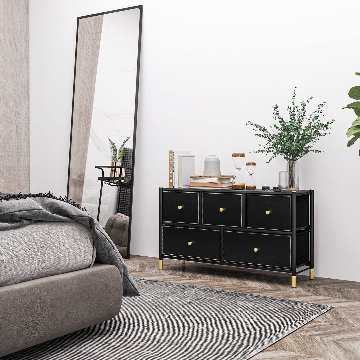 HOMCOM Chest of Drawers, 5 Drawer Fabric Dresser with PU Leather Surface, Steel Frame, Storage Organizer Unit for Bedroom, Living Room, Hallway, Closet, Easy to Assemble, Black