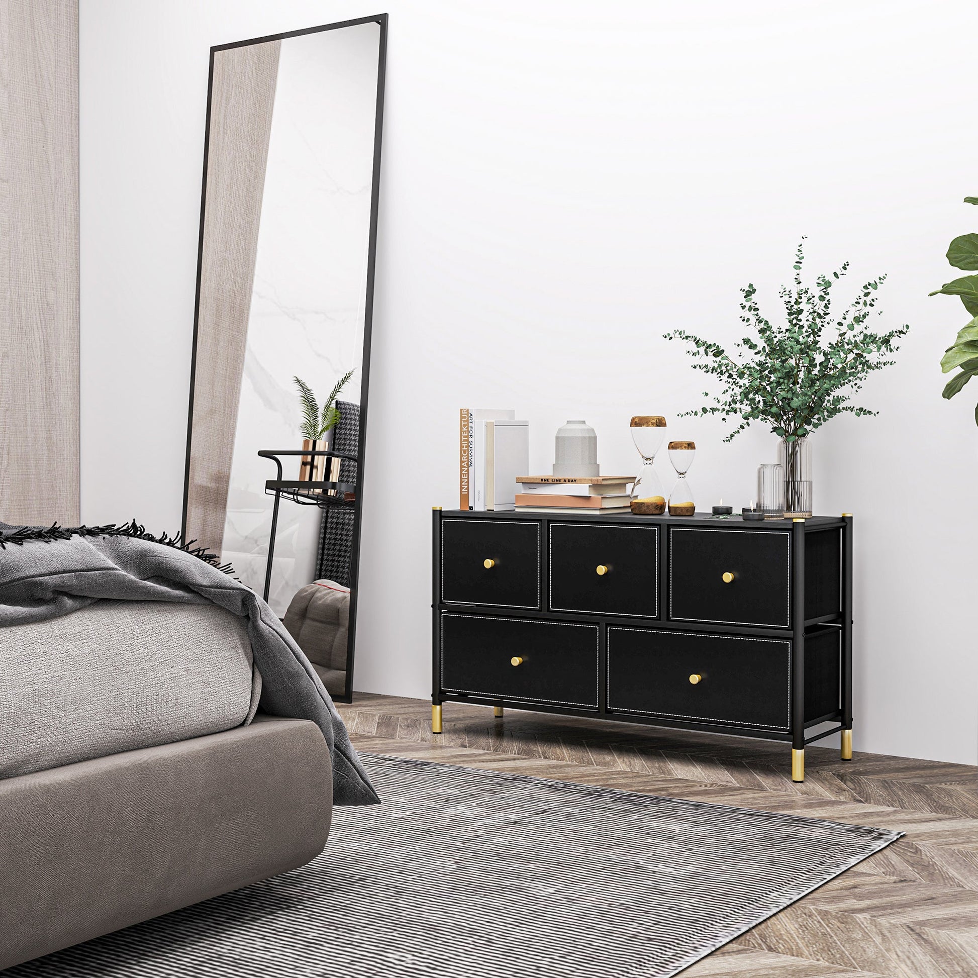 HOMCOM Chest of Drawers, 5 Drawer Fabric Dresser with PU Leather Surface, Steel Frame, Storage Organizer Unit for Bedroom, Living Room, Hallway, Closet, Easy to Assemble, Black