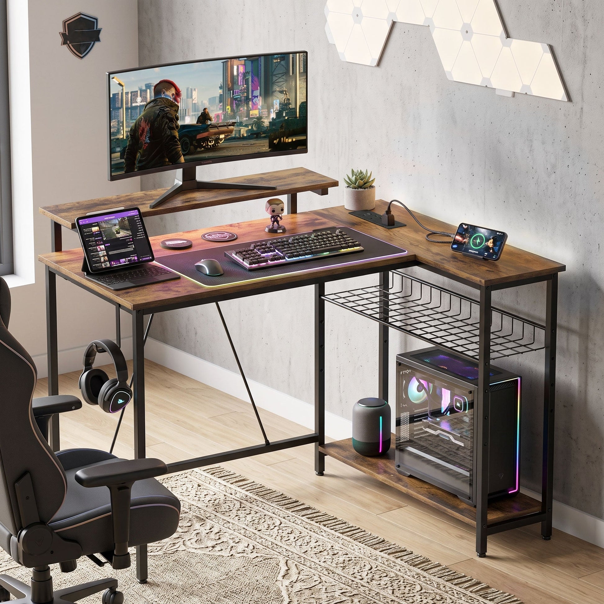 L Shaped Gaming Desk with LED Lights, Power Outlet, USB Charging Ports, 107cm Reversible Corner Computer Desk with Storage Shelves, Monitor Stand for Home Office, Small Space, Rustic Brown