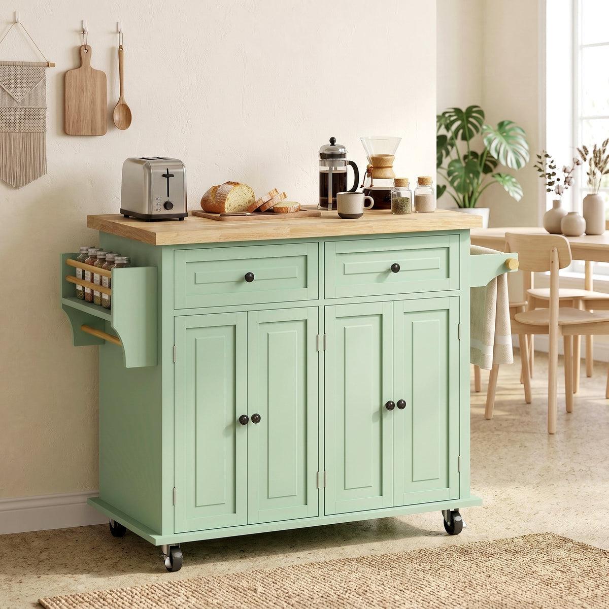Kitchen Island on Wheels, Rolling Kitchen Storage Trolley with Rubber Wood Top, Drawers, Adjustable Shelves, Towel and Spice Rack for Dining Room, Light Green