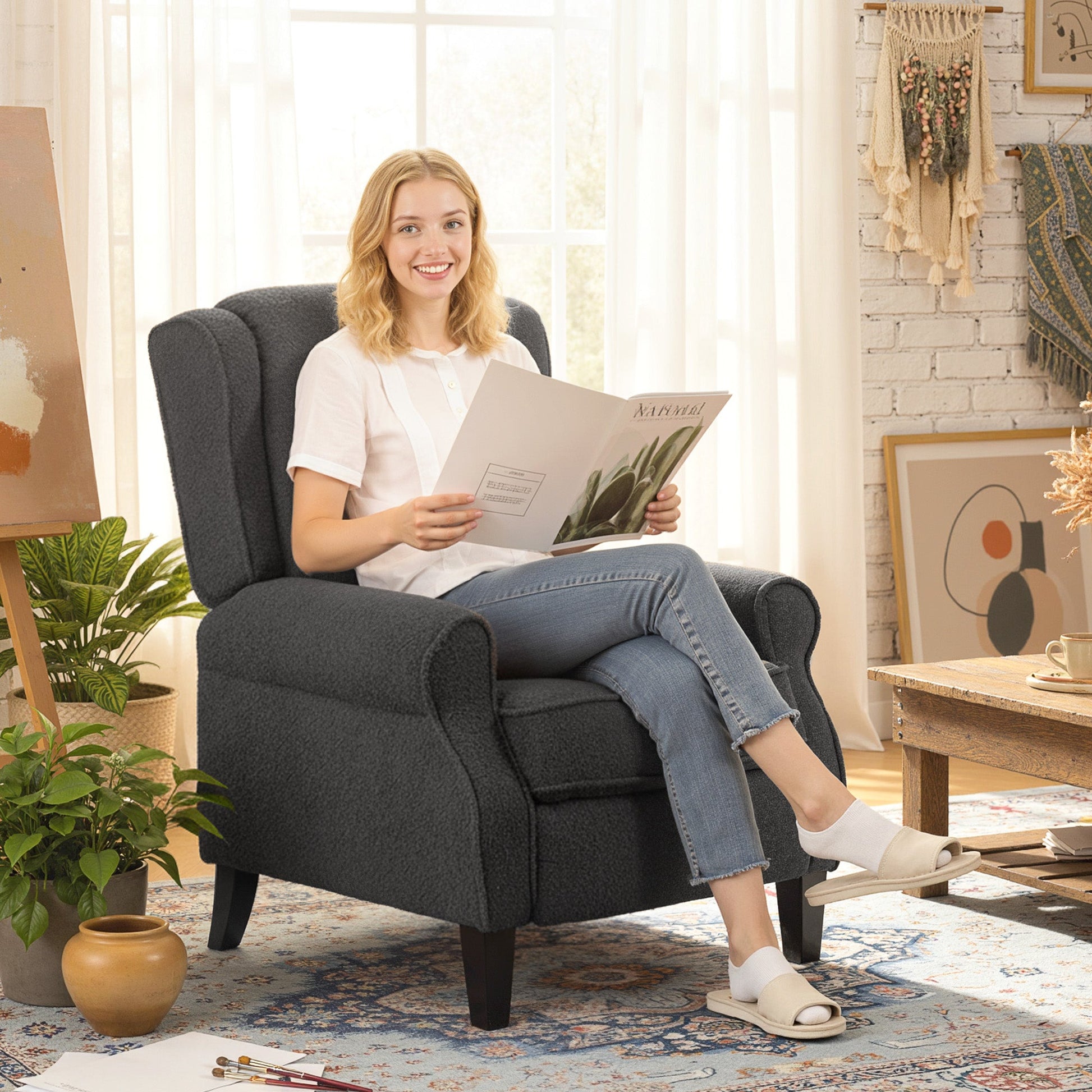 Recliner Armchair, Teddy Fleece Recliner Chair with Extended Leg Rest, Spring Pack, Thick Padded, for Tall People, Push Back Reclining Chair for Home, Living Room, Charcoal Grey