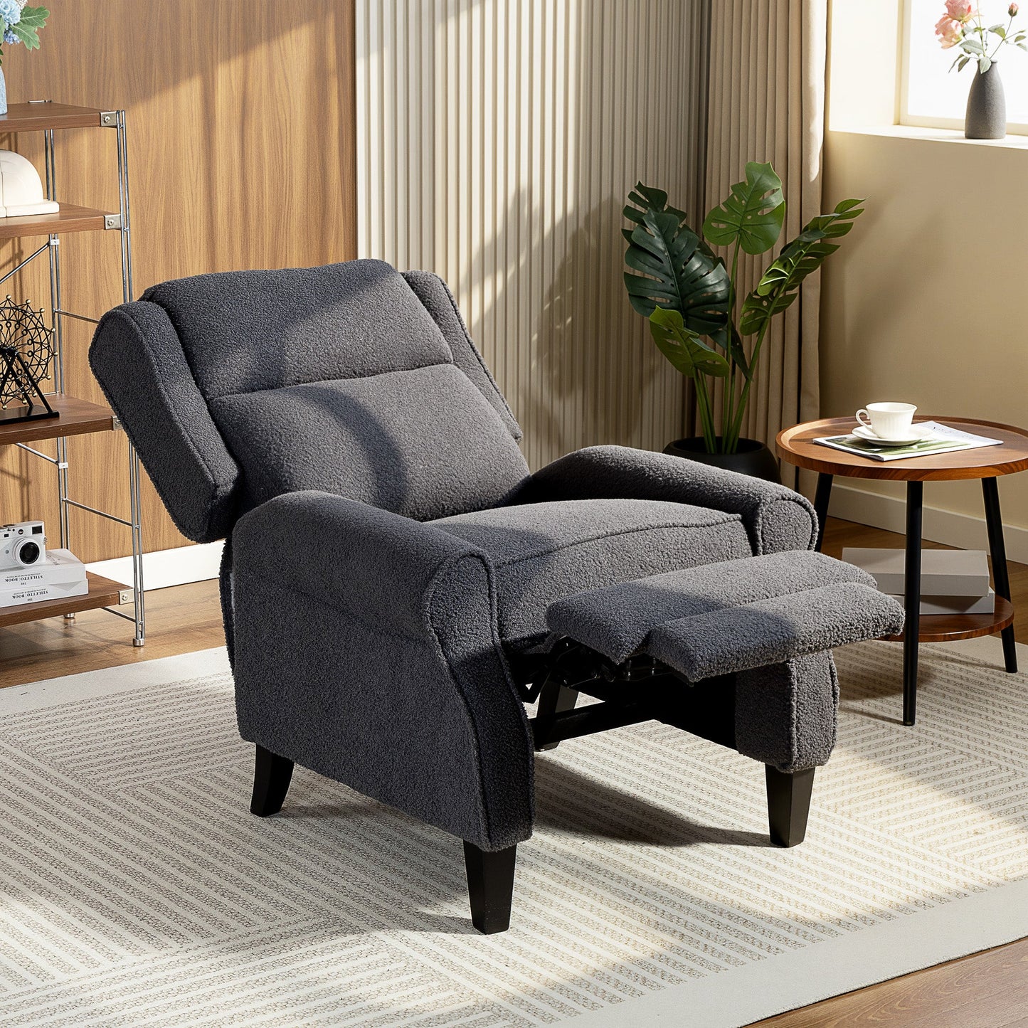 Recliner Armchair, Teddy Fleece Recliner Chair with Extended Leg Rest, Spring Pack, Thick Padded, for Tall People, Push Back Reclining Chair for Home, Living Room, Charcoal Grey