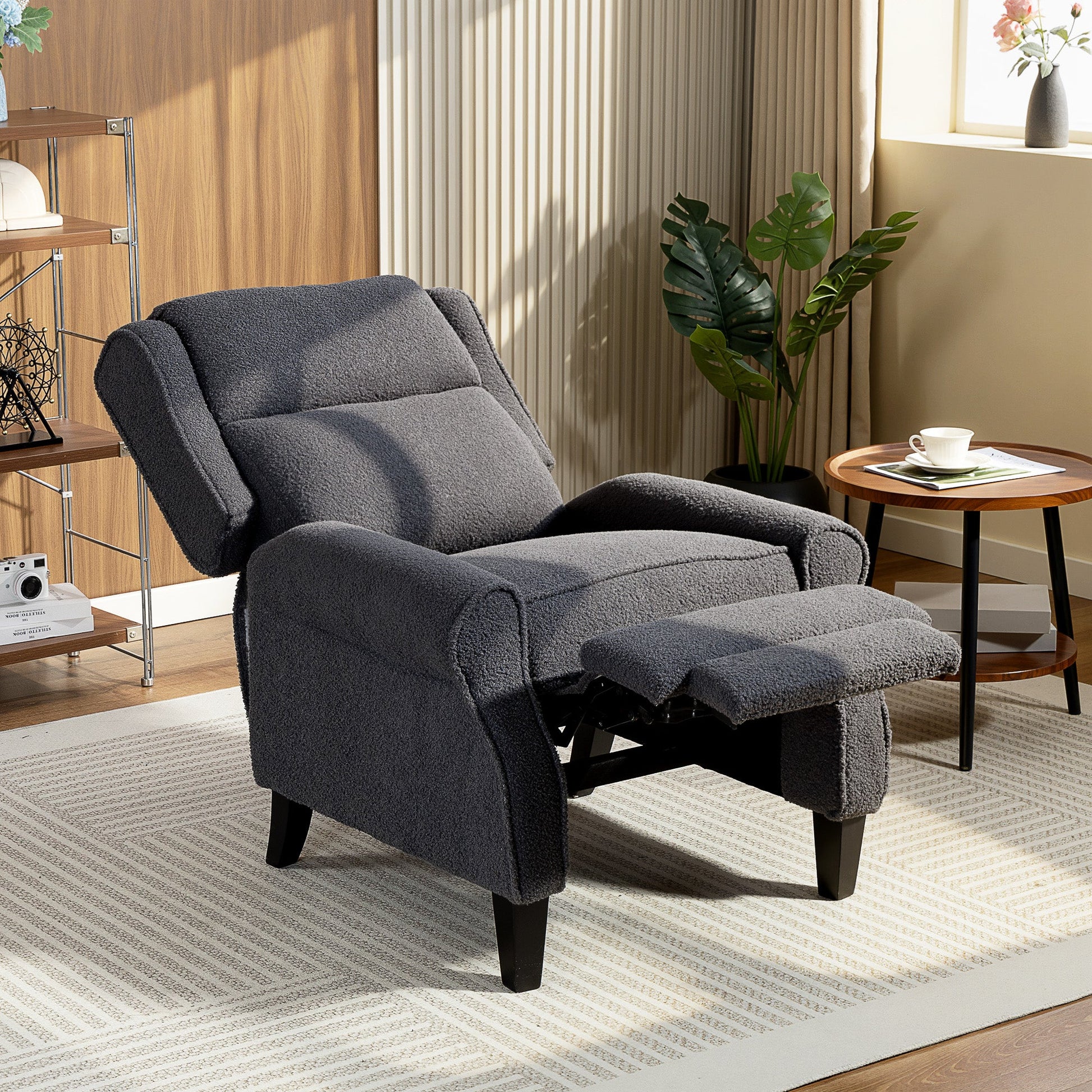 Recliner Armchair, Teddy Fleece Recliner Chair with Extended Leg Rest, Spring Pack, Thick Padded, for Tall People, Push Back Reclining Chair for Home, Living Room, Charcoal Grey