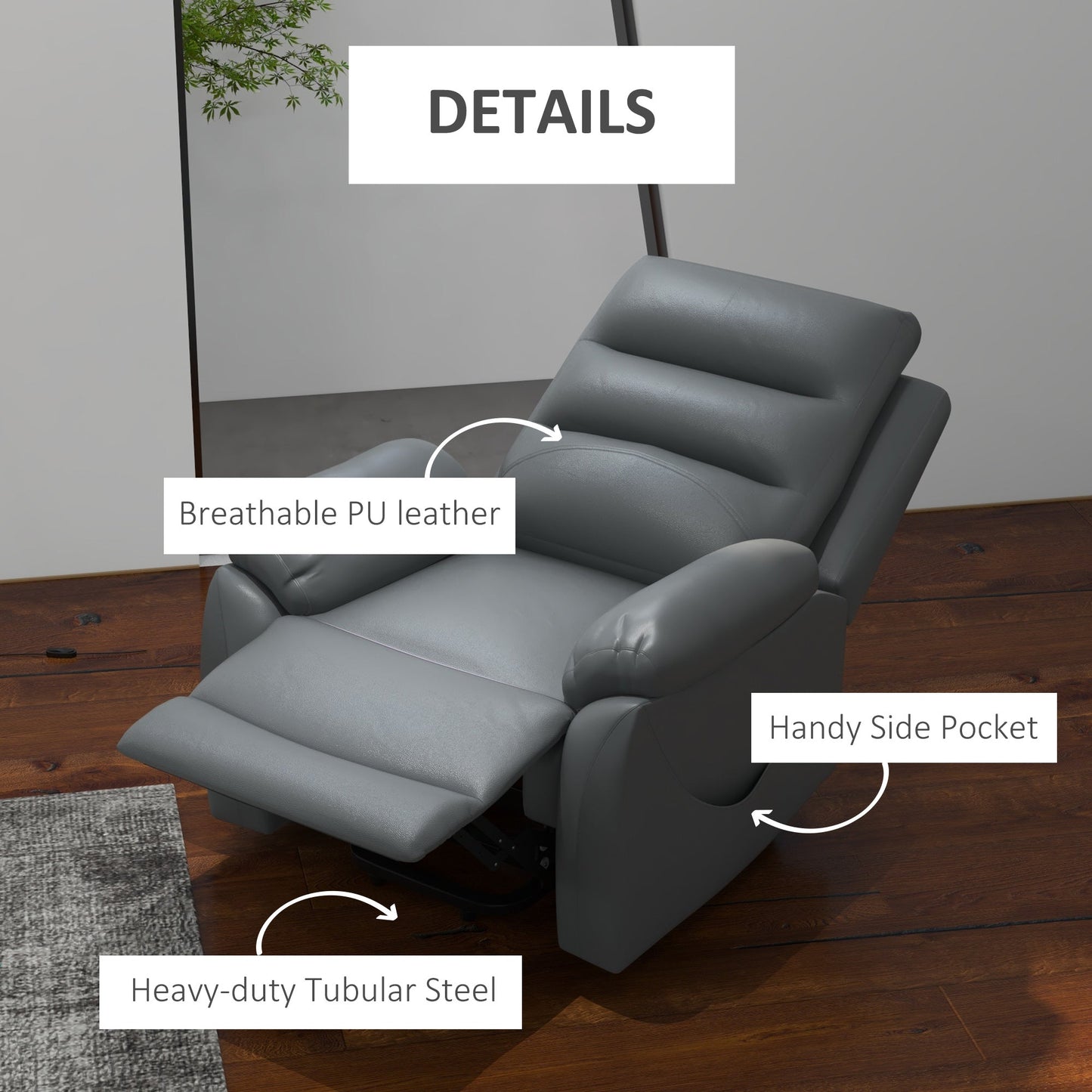 HOMCOM Electric Riser and Recliner for Elderly with 8 Vibration Massage, PU Leather Power Lift Recliner Chair for Living Room with Side Pockets, Footrest, Grey