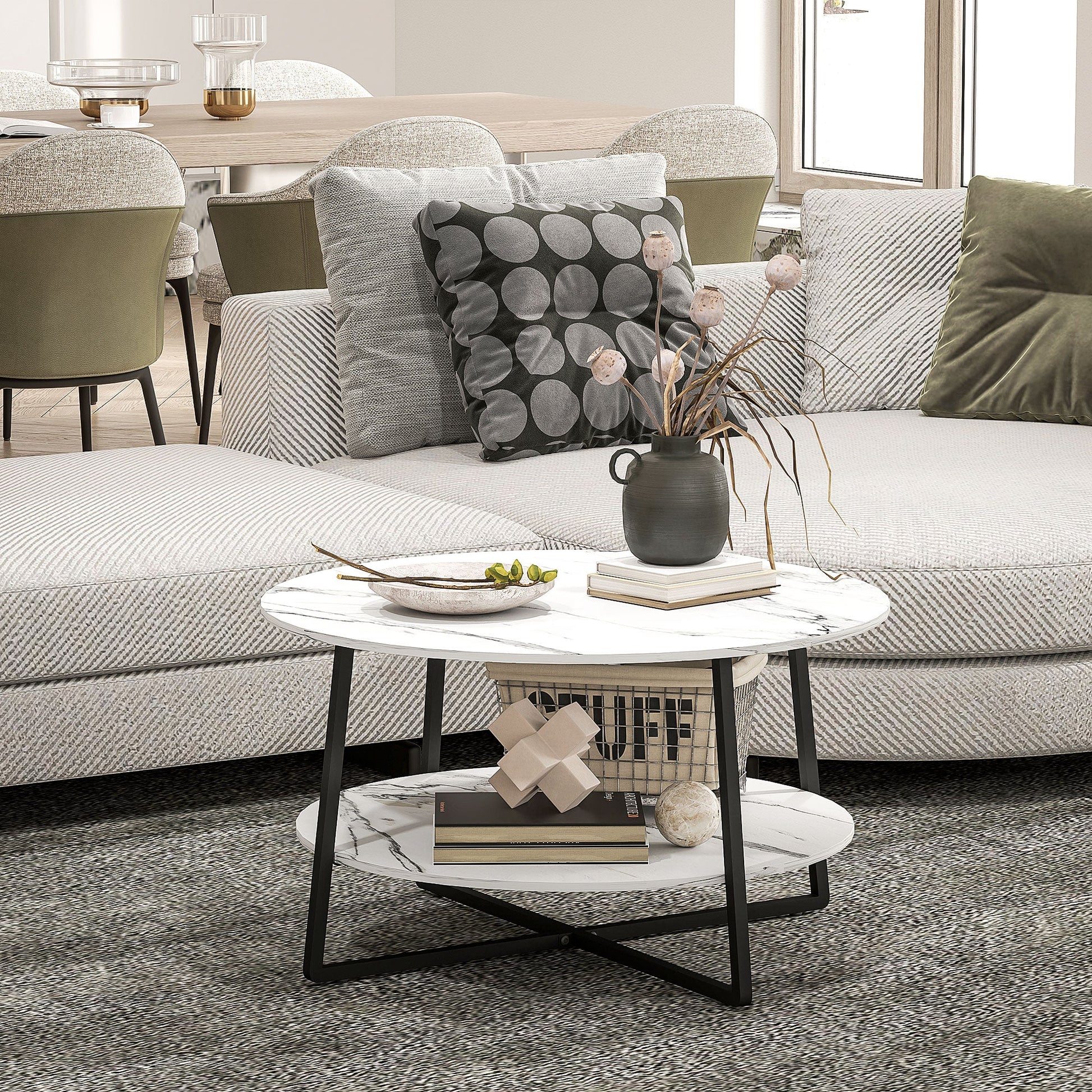 HOMCOM 2-Tier Round Coffee Table with Storage Shelf, Living Room Table with Marble Effect Top and Steel Frame, White