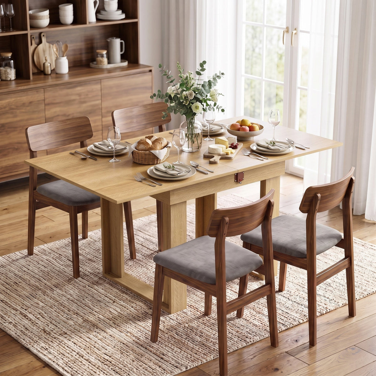 Folding Dining Table for 4 with Under-Table Storage, 70-140 cm Modern Extendable Kitchen Table with Steel Rail, Space-Saving for Kitchen, Dining Room, Oak Effect