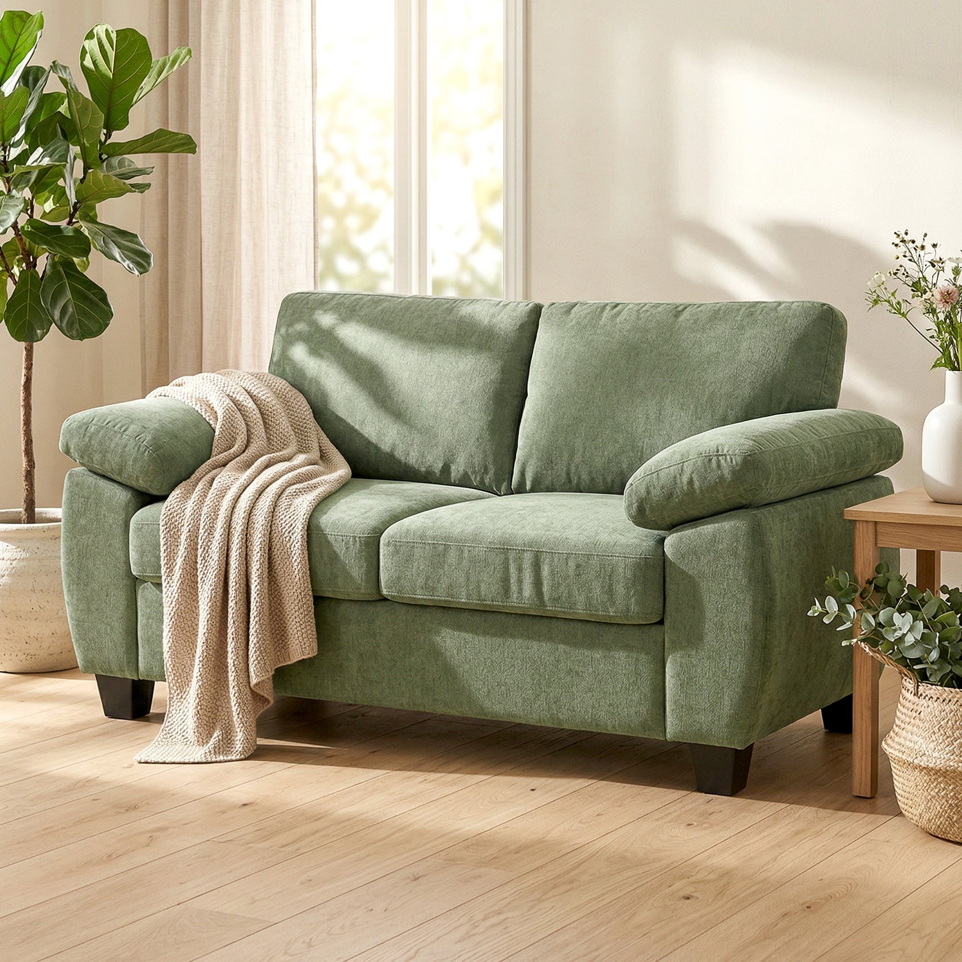 2 Seater Sofa, 156cm Chenille Loveseat Sofa with Thick Spring Cushions, Wide Padded Armrests, Couch Settee for Small Space, Living Room, Bedroom, Home Office, 300KG Capacity, Dark Green