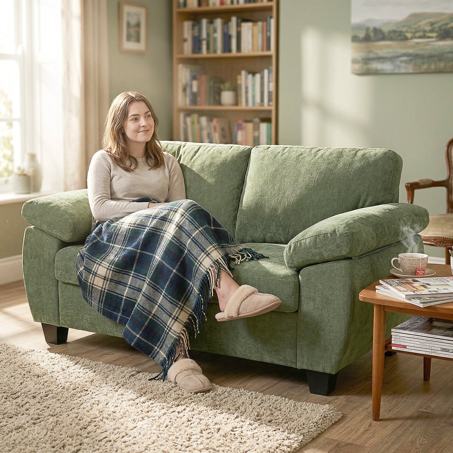 2 Seater Sofa, 156cm Chenille Loveseat Sofa with Thick Spring Cushions, Wide Padded Armrests, Couch Settee for Small Space, Living Room, Bedroom, Home Office, 300KG Capacity, Dark Green