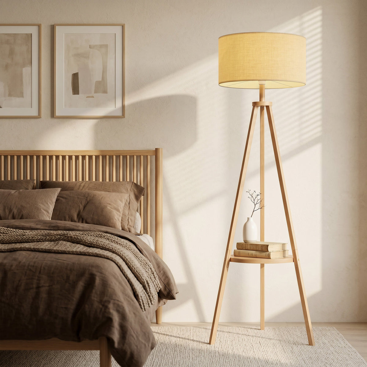 Tripod Floor Lamp, Freestanding Bedside Reading Light with Storage Shelf and Linen-Look Shade for Living Room and Bedroom, 160 cm, Natural Wood Colour