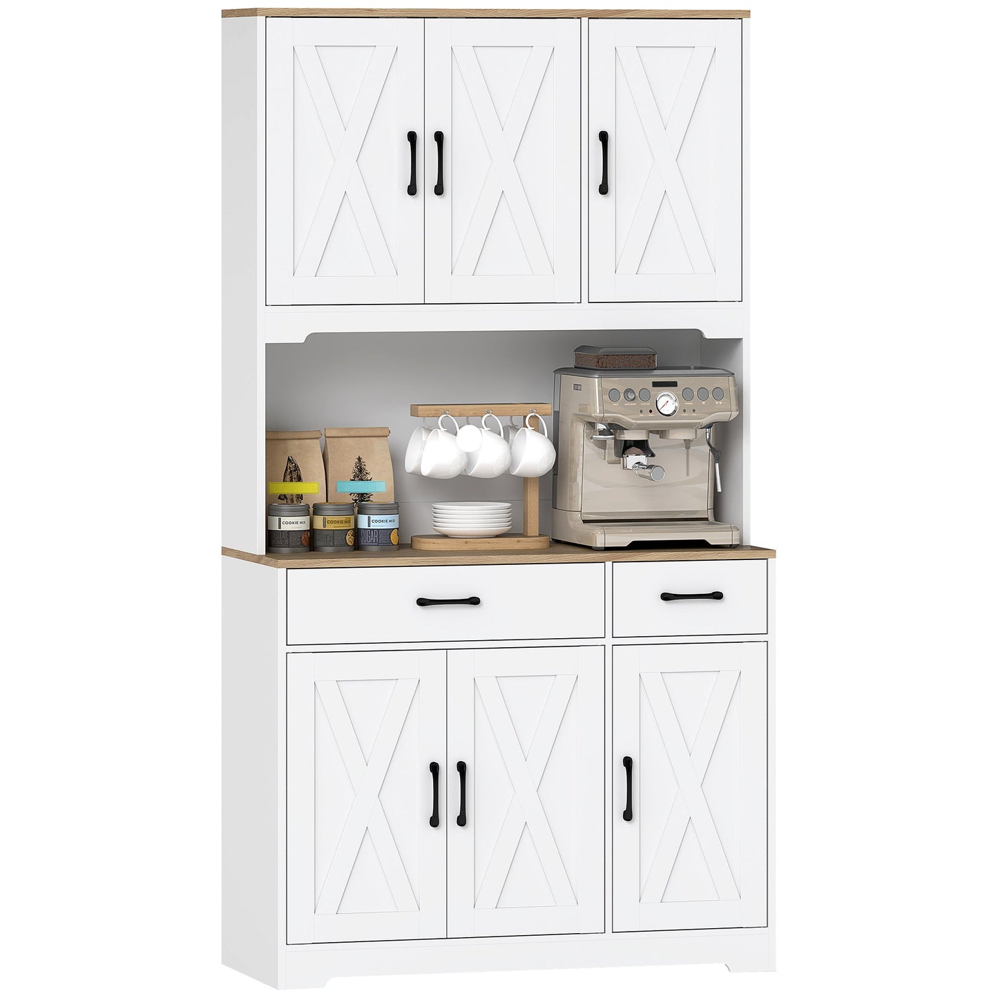 175 cm Tall Kitchen Pantry Cabinet with Microwave Stand, Farmhouse Kitchen Hutch, Freestanding Pantry Cupboard with 2 Drawers, 2 Adjustable Shelves and Cable Management, White