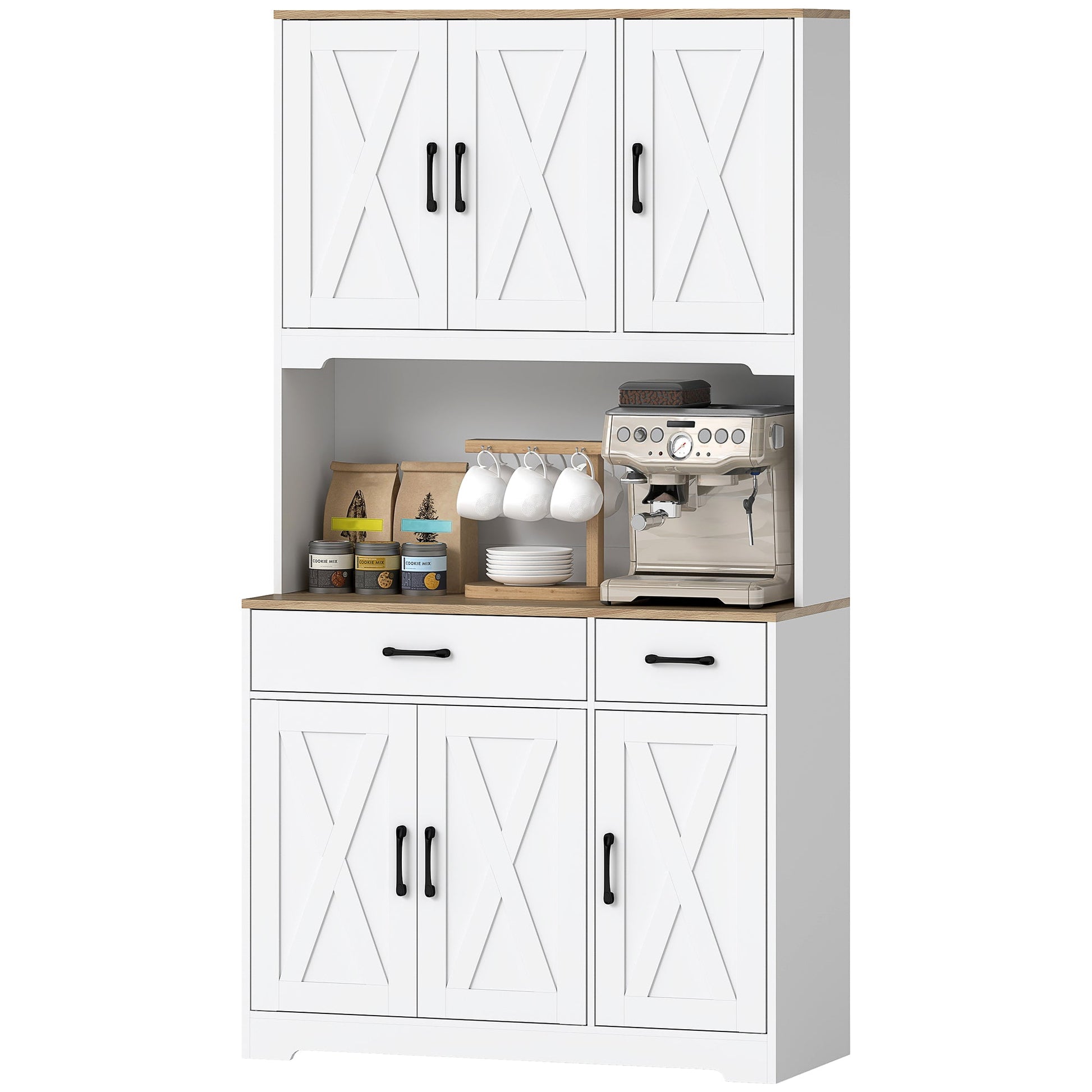 175 cm Tall Kitchen Pantry Cabinet with Microwave Stand, Farmhouse Kitchen Hutch, Freestanding Pantry Cupboard with 2 Drawers, 2 Adjustable Shelves and Cable Management, White