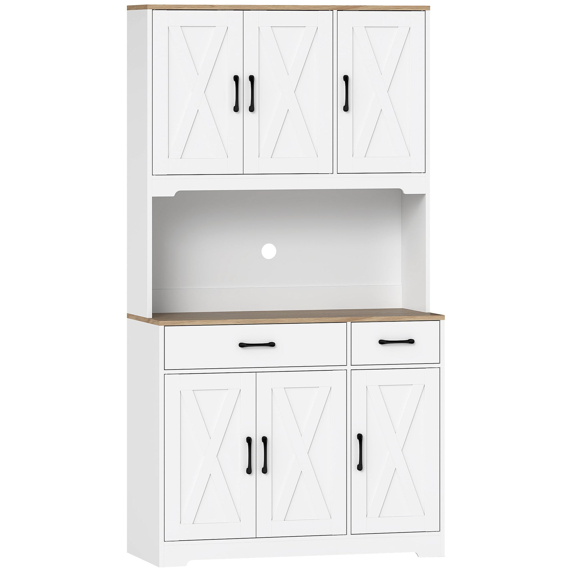 175 cm Tall Kitchen Pantry Cabinet with Microwave Stand, Farmhouse Kitchen Hutch, Freestanding Pantry Cupboard with 2 Drawers, 2 Adjustable Shelves and Cable Management, White