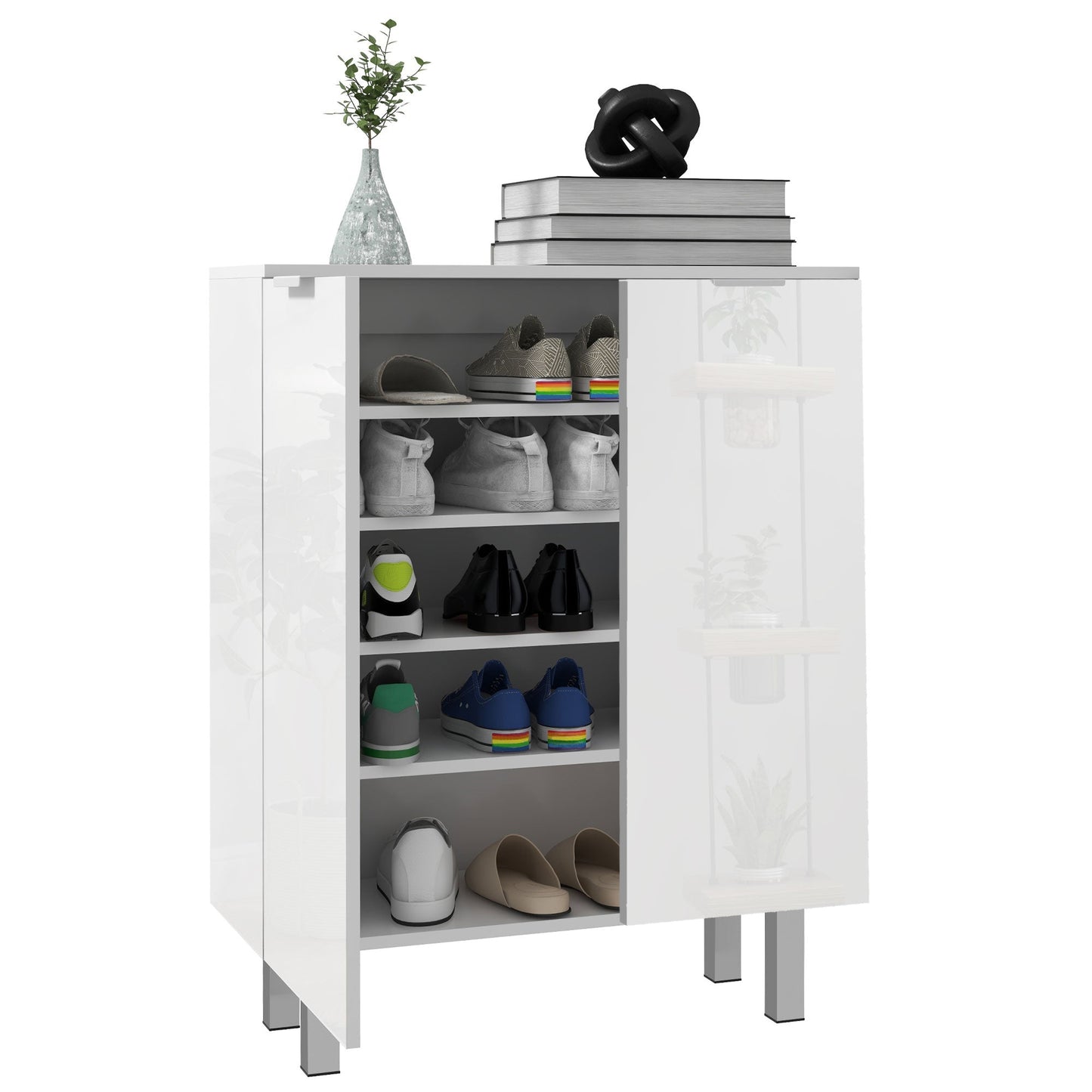 HOMCOM Shoe Cabinet, Compact Shoe Storage Cabinet with Soft-Close Hinges and Adjustable Shelves for 15-20 Pairs of Shoes, High Gloss White