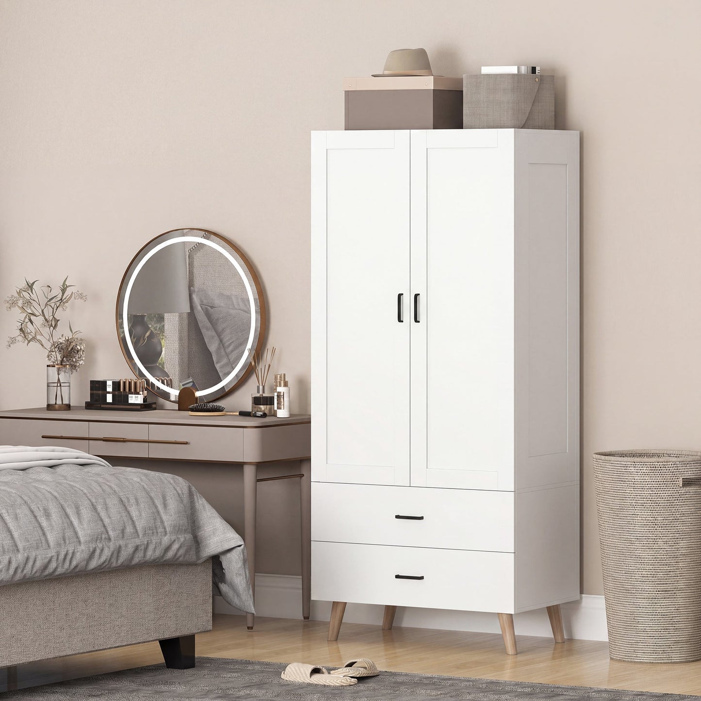 2-Door Wardrobe, Modern Deep Wardrobe with 2 Drawers and Hanging Rail for Bedroom, Flats, 80 x 54 x 180 cm, White