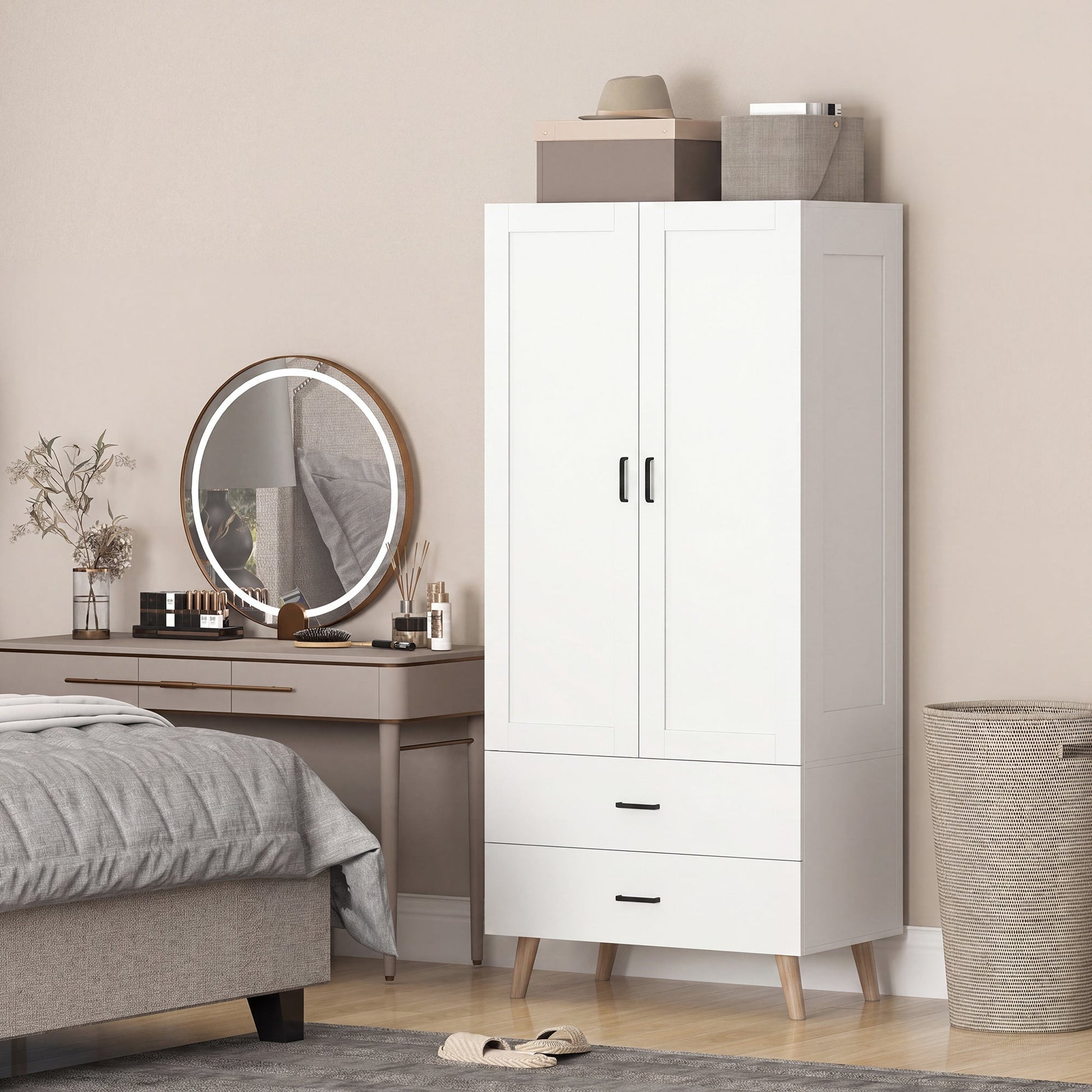 2-Door Wardrobe, Modern Deep Wardrobe with 2 Drawers and Hanging Rail for Bedroom, Flats, 80 x 54 x 180 cm, White