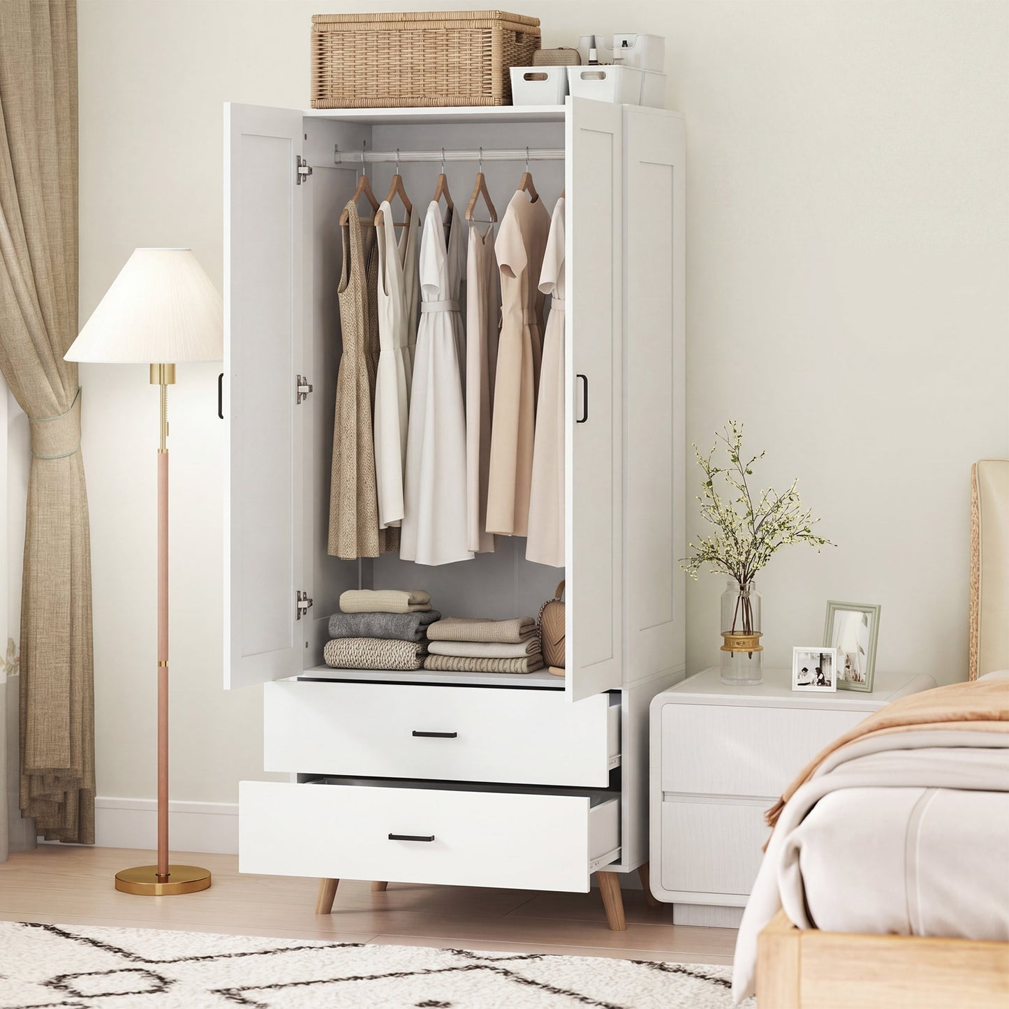 2-Door Wardrobe, Modern Deep Wardrobe with 2 Drawers and Hanging Rail for Bedroom, Flats, 80 x 54 x 180 cm, White