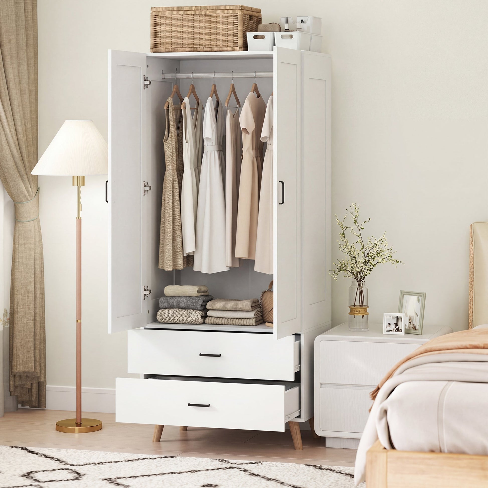 2-Door Wardrobe, Modern Deep Wardrobe with 2 Drawers and Hanging Rail for Bedroom, Flats, 80 x 54 x 180 cm, White