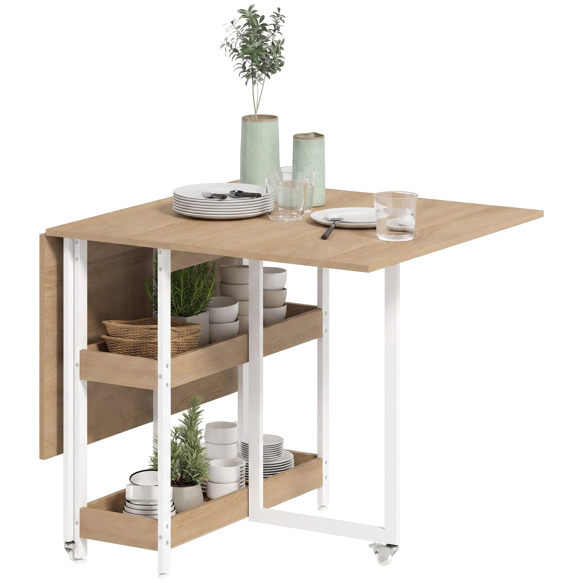 Folding Dining Table for 4, Space-Saving Drop-Leaf Kitchen Table with Storage Shelves and Wheels for Small Spaces, Dining Room or Kitchen, Natural