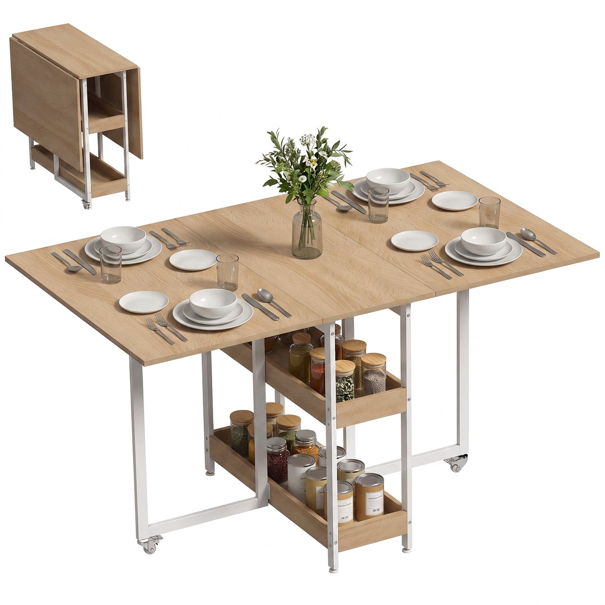 Folding Dining Table for 4, Space-Saving Drop-Leaf Kitchen Table with Storage Shelves and Wheels for Small Spaces, Dining Room or Kitchen, Natural