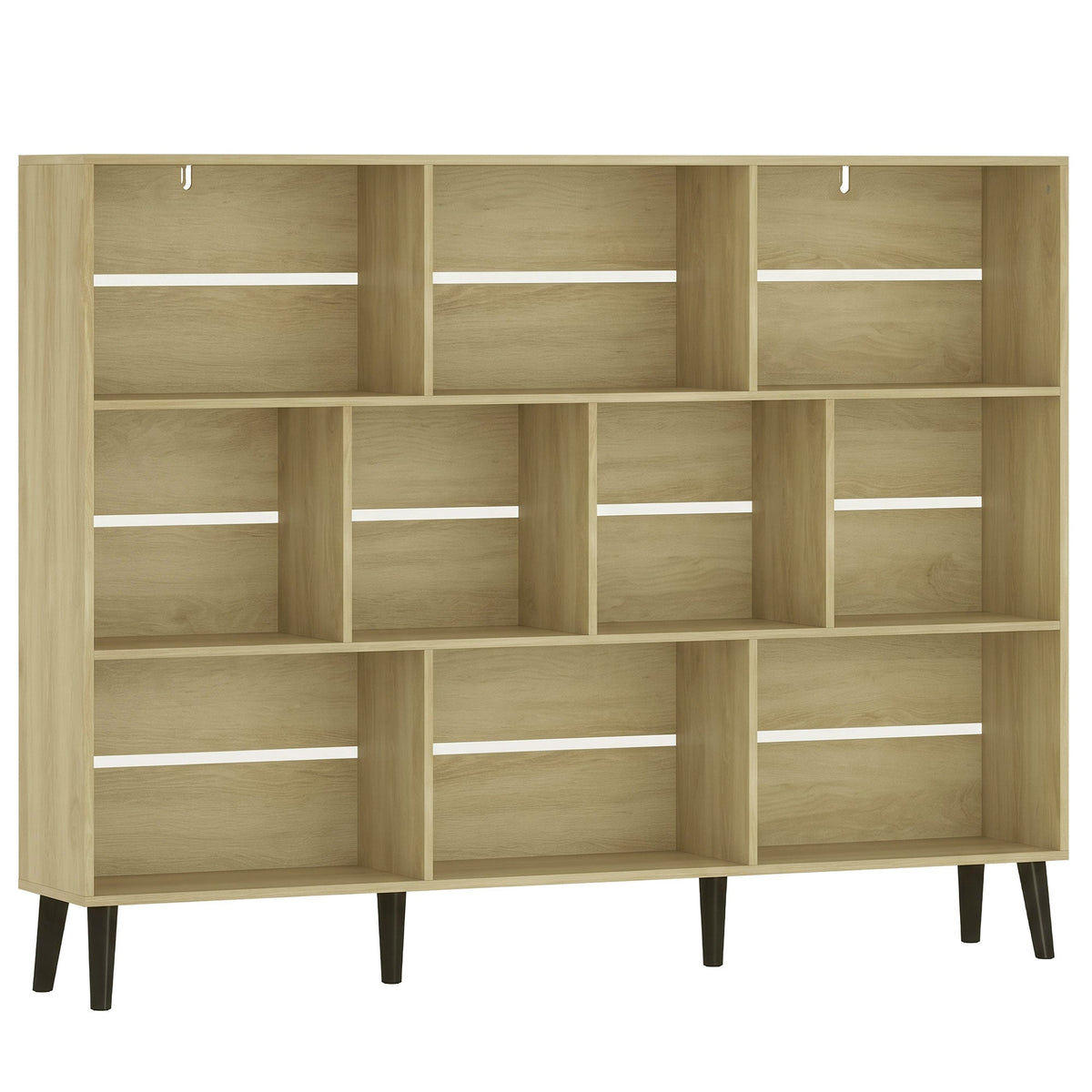 10-Cube Bookshelf, 3-Tier Bookcase with Solid Wood Legs, 140 cm Modern Freestanding Book Shelf with Anti-Tip Kit for Bedroom Living Room Study Office, Oak