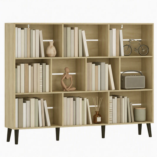 10-Cube Bookshelf, 3-Tier Bookcase with Solid Wood Legs, 140 cm Modern Freestanding Book Shelf with Anti-Tip Kit for Bedroom Living Room Study Office, Oak