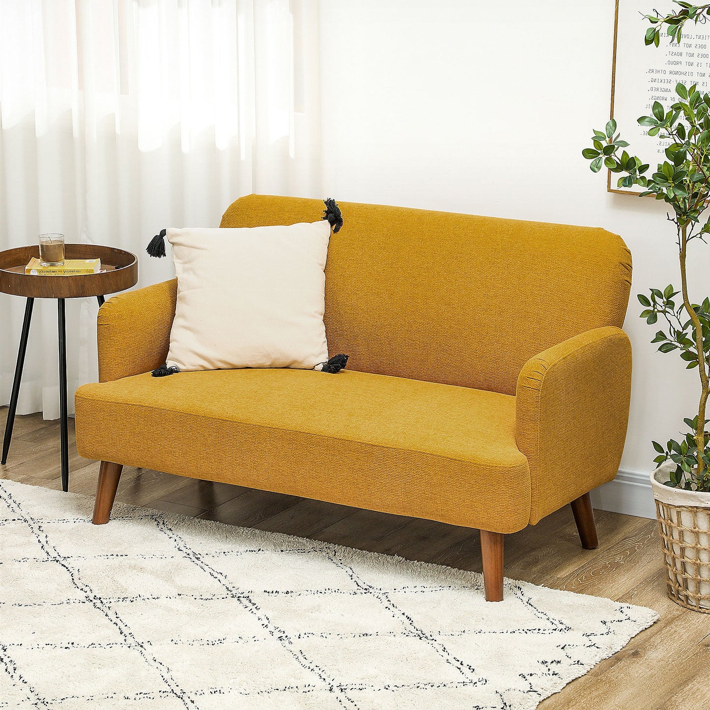 HOMCOM 2 Seater Sofa, Small Sofa Couch with 21cm Thick Padding and Wood Legs, Modern Velvet Feel Fabric Loveseat for Living Room, Bedroom, Home Office, Yellow